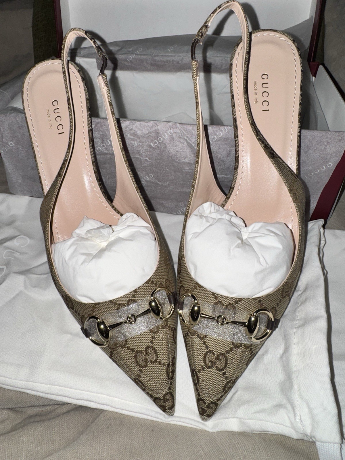 Gucci GG Monogram Horsebit Slingback Pointed Toe Leather Heels US 10.5