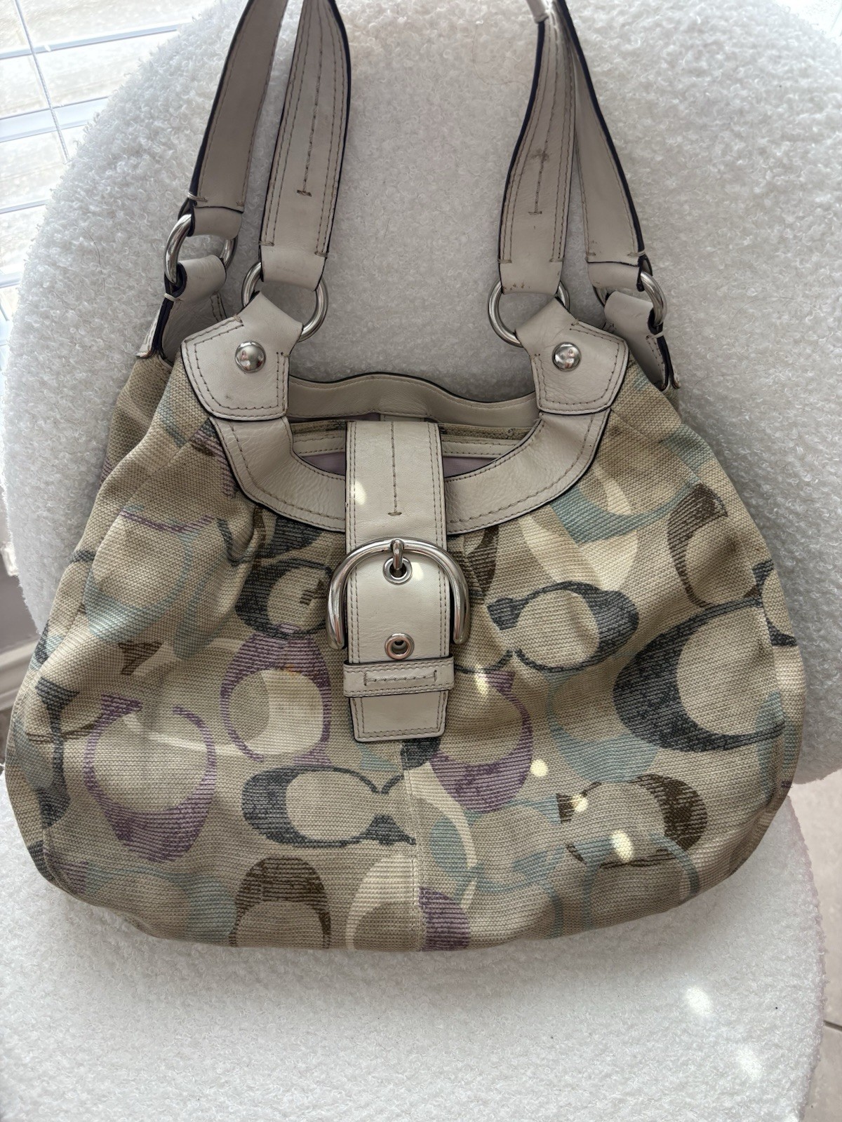 Coach Optic Linen Soho Hobo Leather Shoulder Handbag Signature Gray Peach EUC