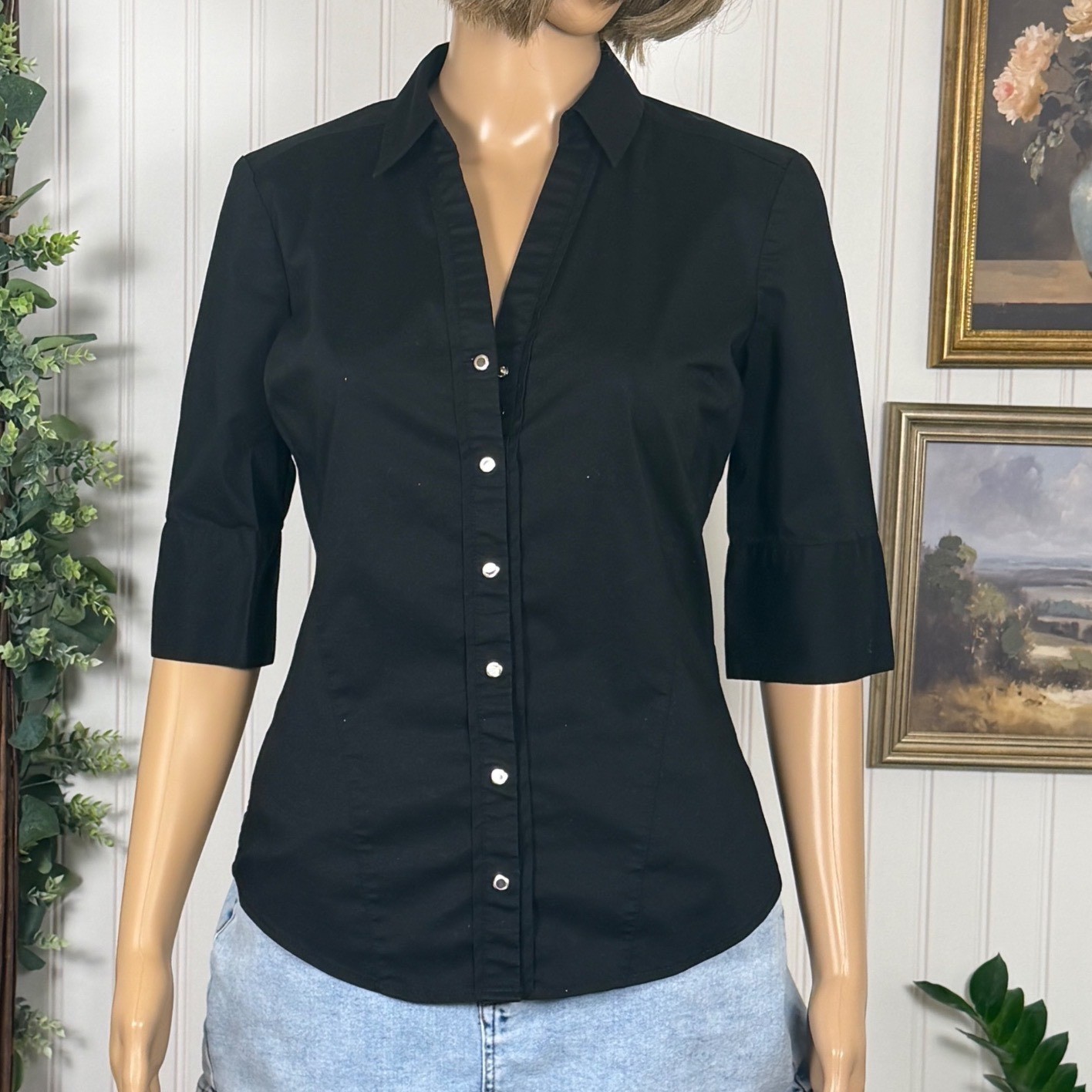 7 Avenue Button Down Womens XS Black Excellent 3/4 Sleeve Collared Top
