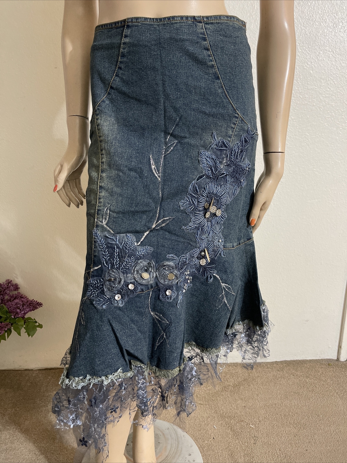 Blue Cotton Denim Beaded Embroidered Ruffles Boho Zip Size S(4-6) Skirt 3361