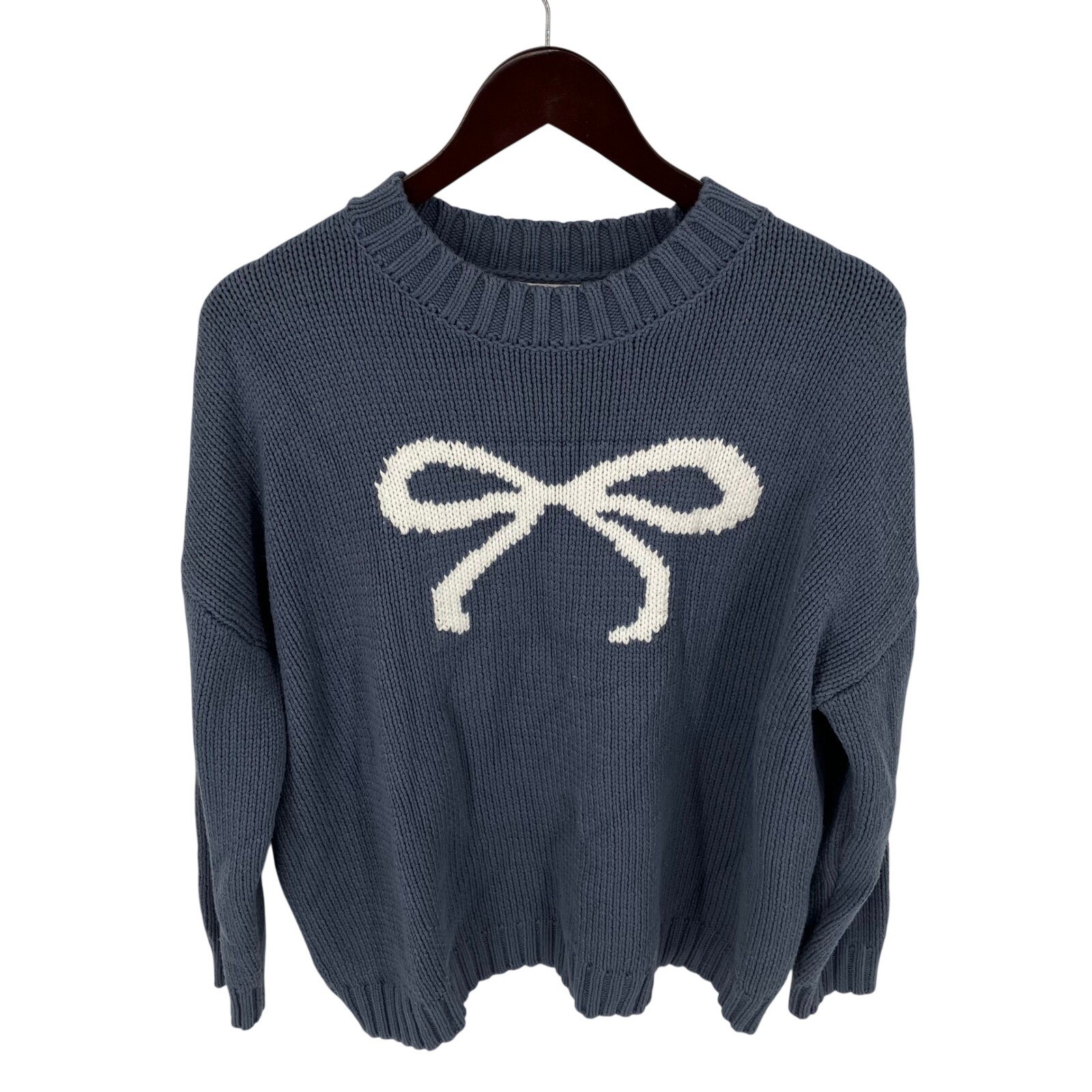 Blue Bow Intarsia Shaker Knit Sweater M Coquette Balletcore Cute Pastel Relaxed