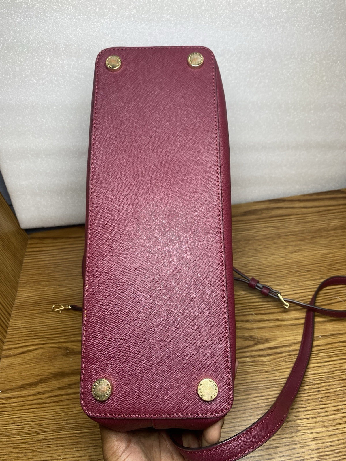 Michael Kors Savannah Signature Satchel Purse Brown Red Wine Cherry Gold