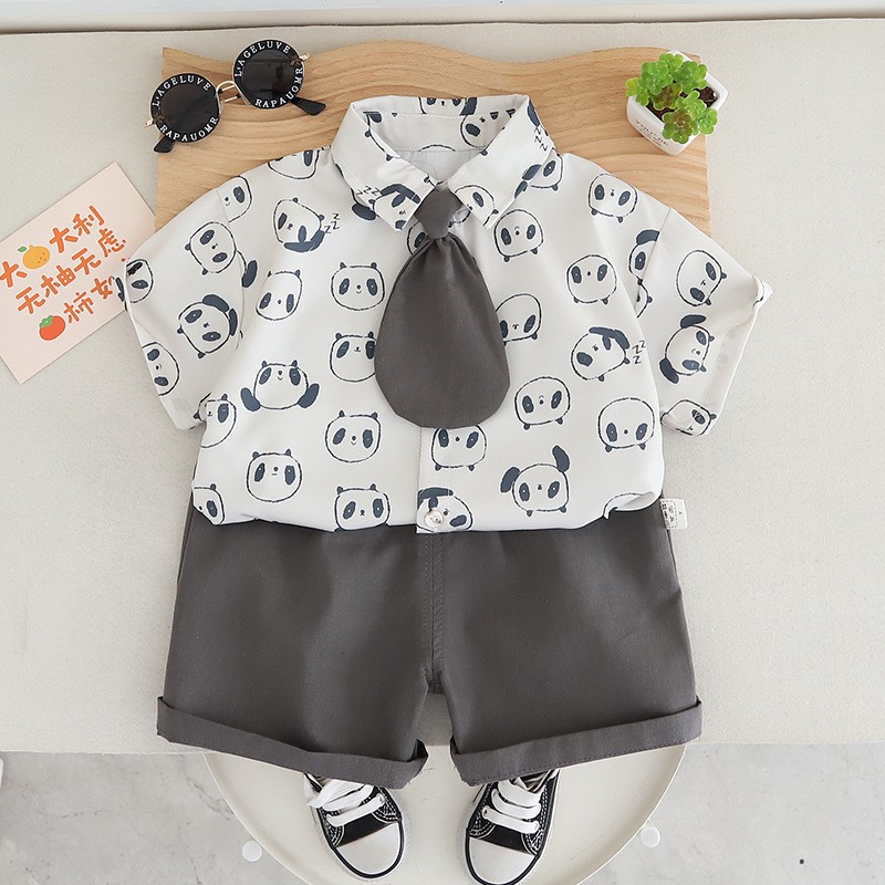 Panda Head Pattern Shirt and Tie Two Piece Set