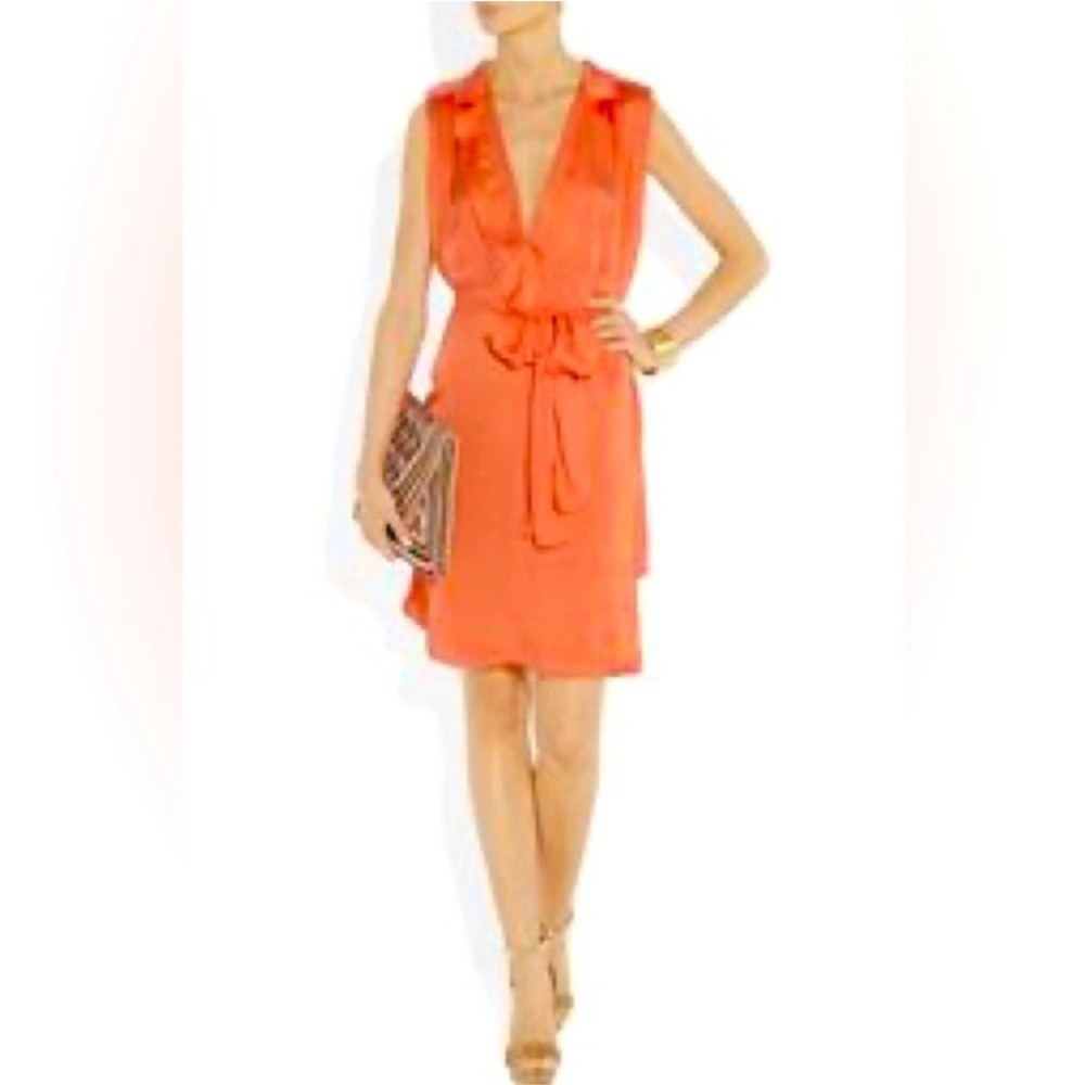 L’AGENCE STUNNING TANGERINE V-NECK FLOWY TIE FRONT MINI DRESS NWT COCKTAIL
