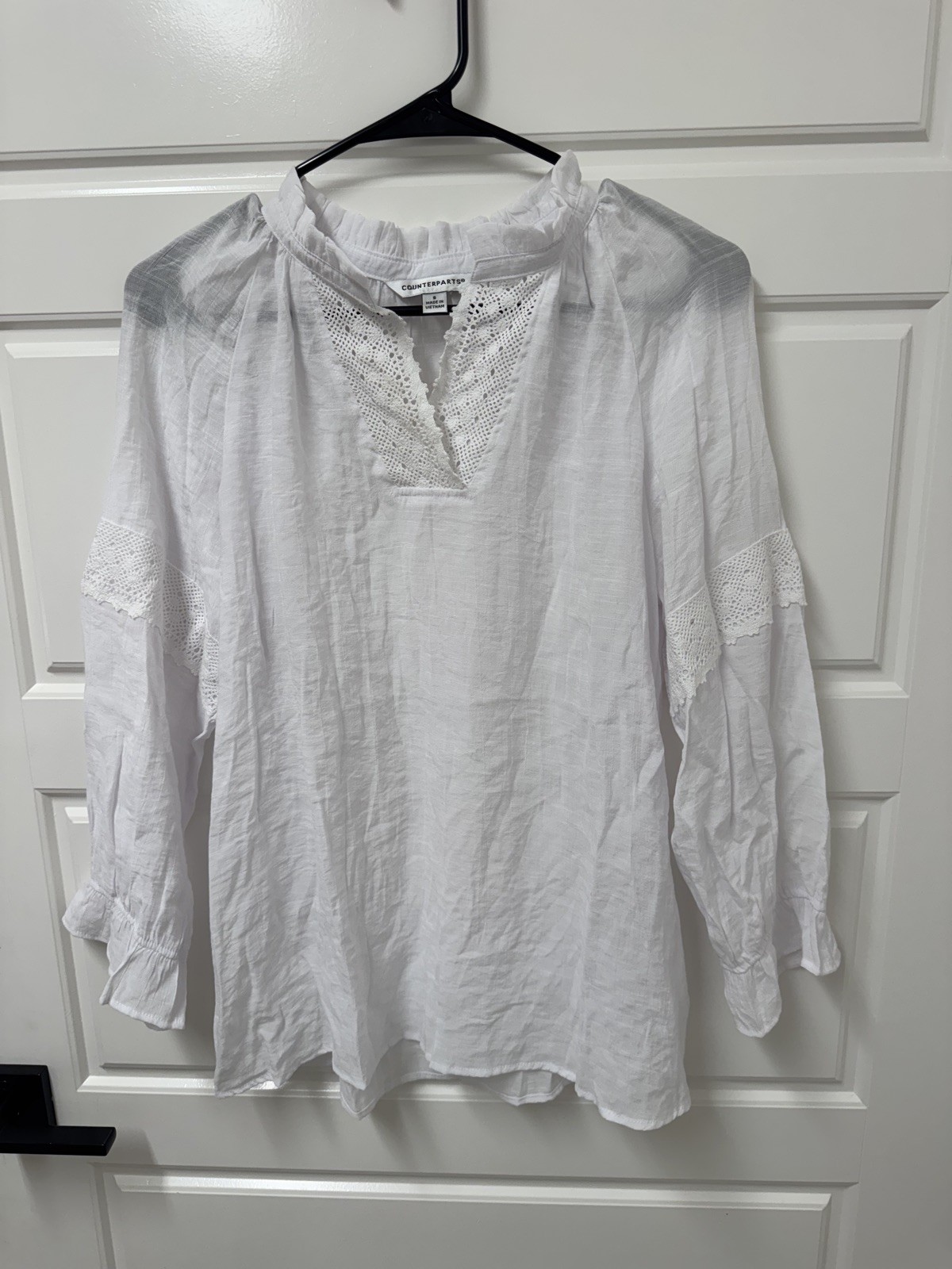 Small Counterparts Top Womens White Gauzy Eyelet Lace Boho Tunic blouse A1