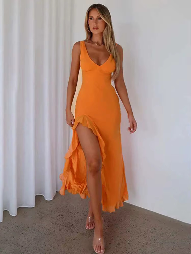 Women’s Ruffle High Split Mini Dress – Backless Sexy Elegant Summer Evening