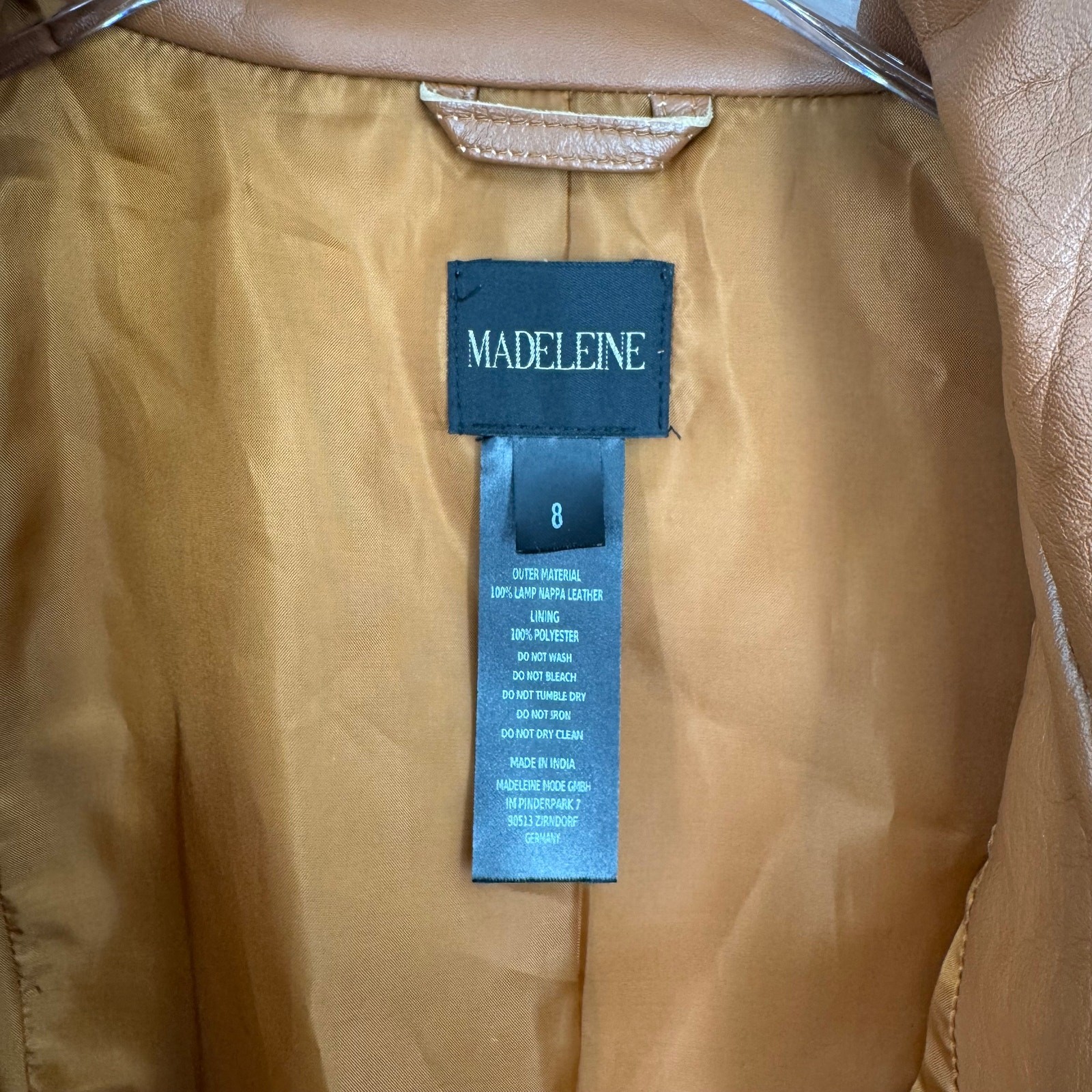 Madeleine jacket women’s 8 100% lamb soft Nappa leather zip front cognac brown