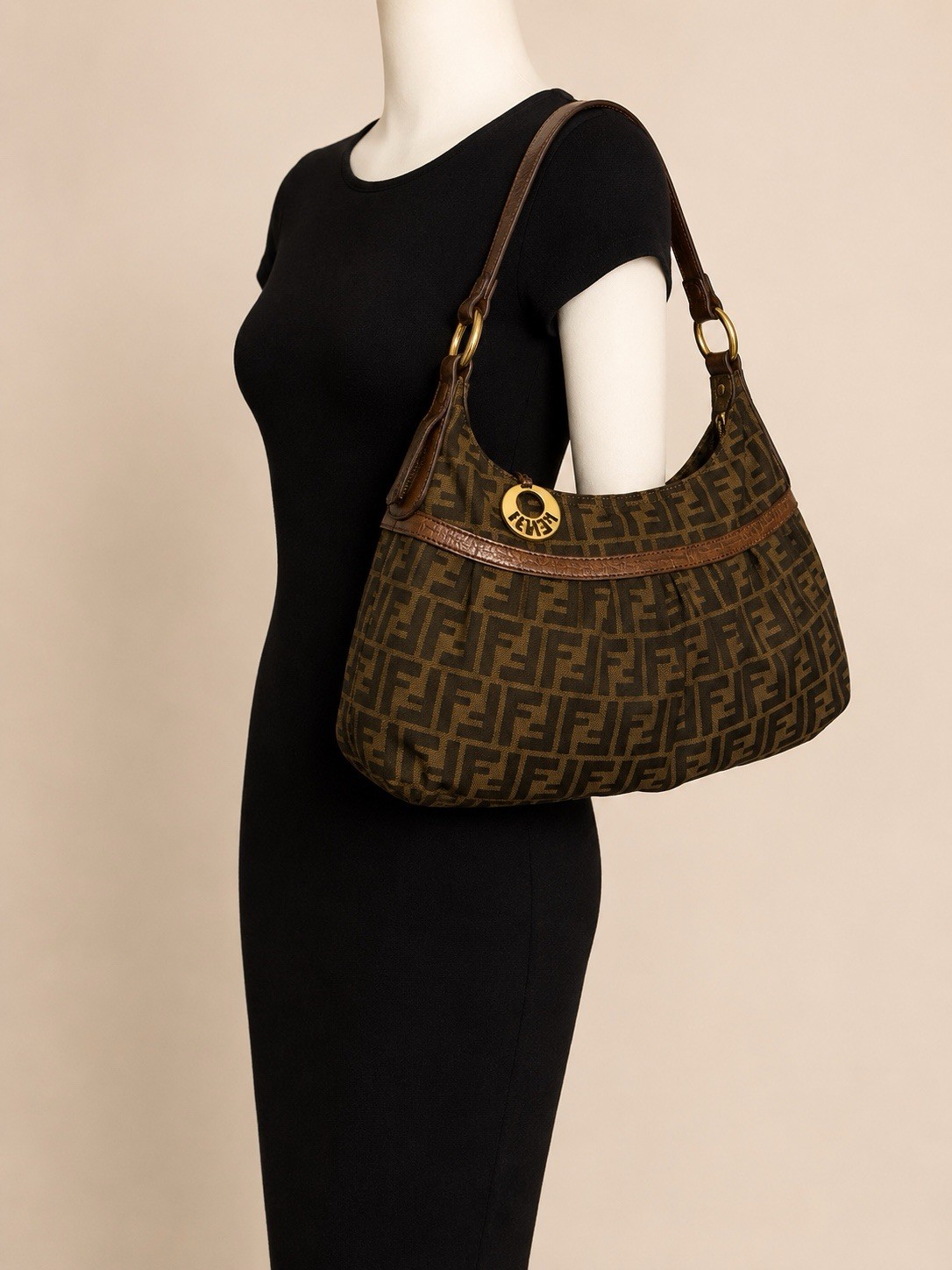 Fendi Zucca FF Monogram Brown Shoulder Bag Zip Gold Hardware Bag Charm Medium
