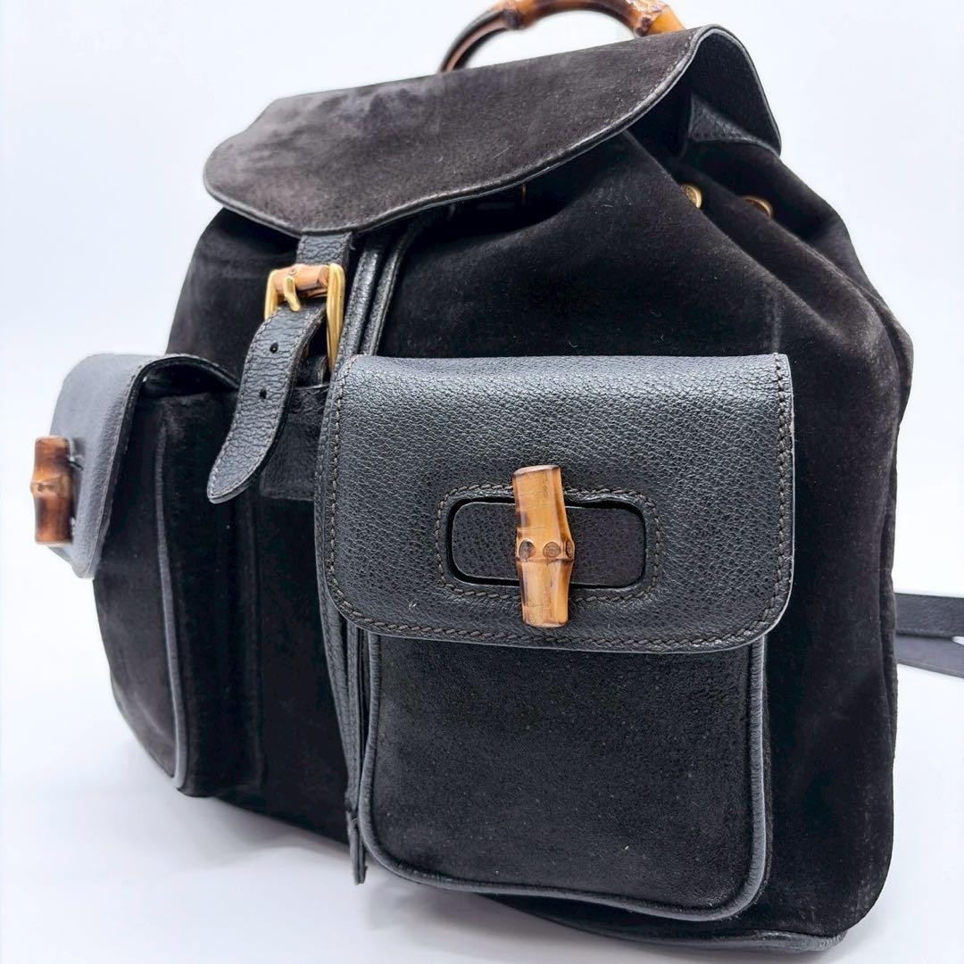 GUCCI Bamboo Suede Rucksack Black Double‑Pocket Turn‑Lock Drawstring Backpack