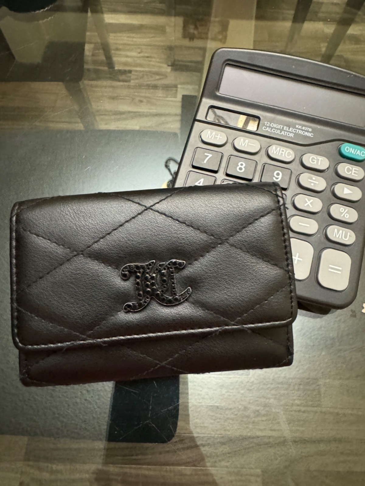 Juicy Couture Black Quilted Trifold Wallet JC Rhinestone Logo Heart Charm