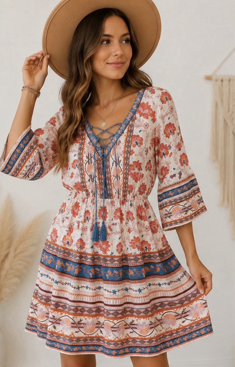 Flying Tomato Small Boho Floral Border Print Dress Tassel Tie Western Festival