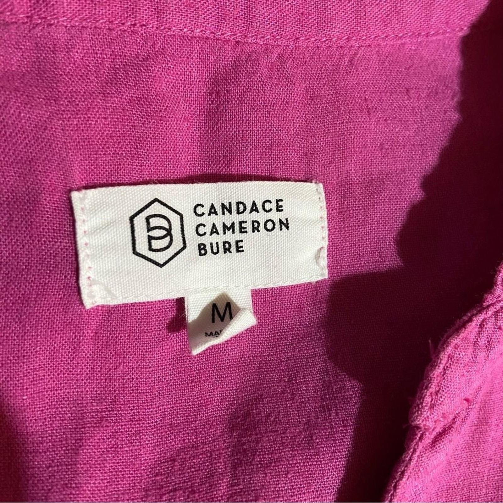 QVC Linen Candace Cameron Bure Blouse Top Size Medium Ruffle V-Neck Henley Pink