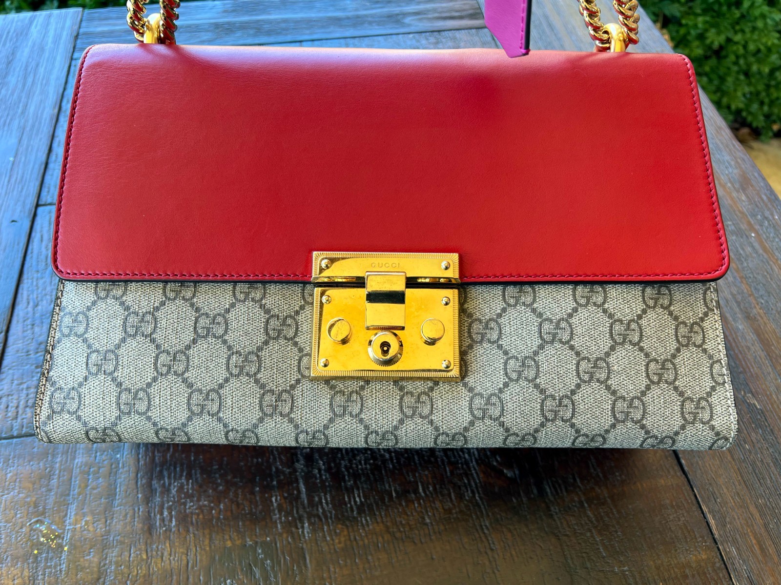 Authentic GUCCI GG Supreme Monogram Calfskin Medium Padlock Shoulder Bag