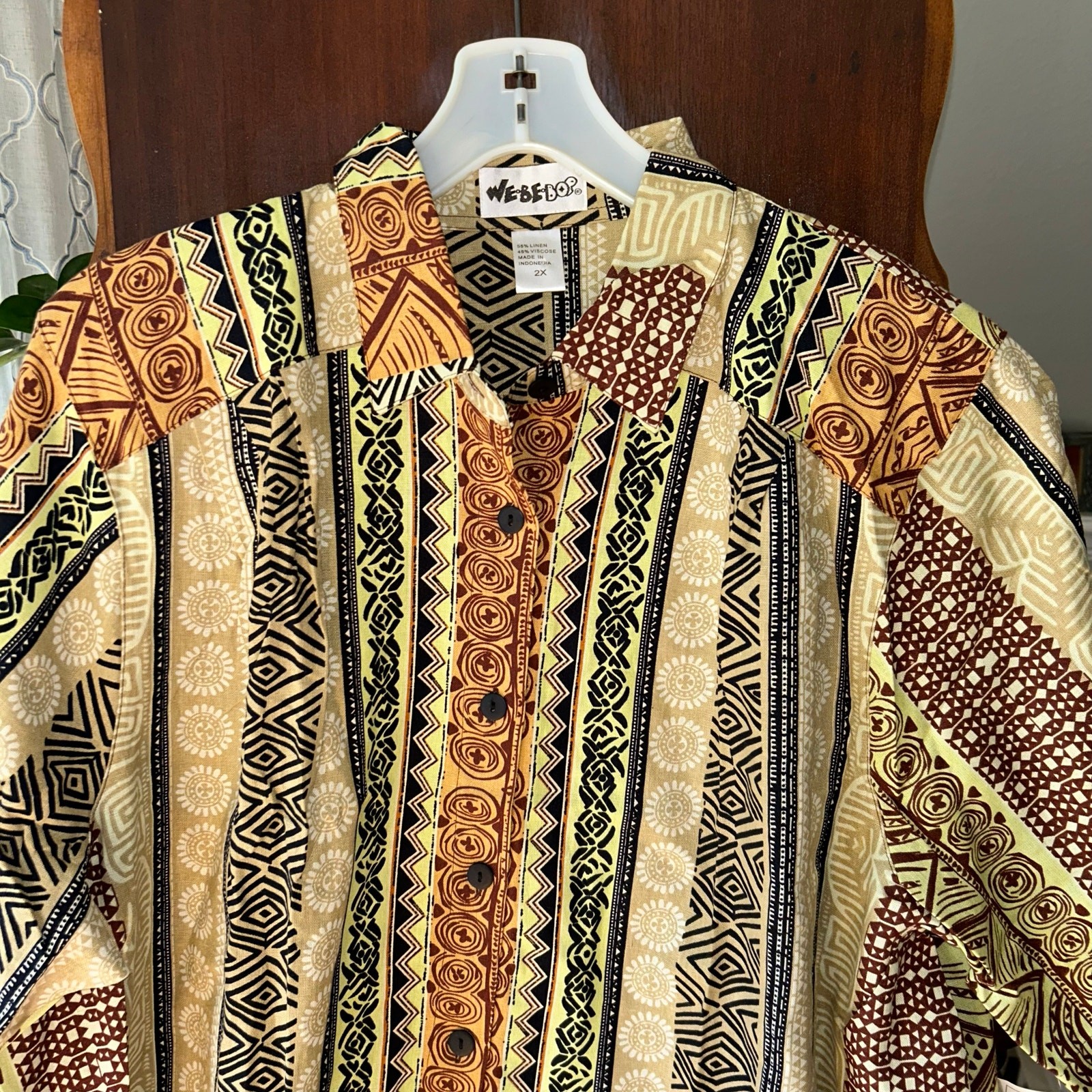 New! We Be Bop Tunic Top 2X Botswana Plus Boho Linen Button Up Tribal Safari