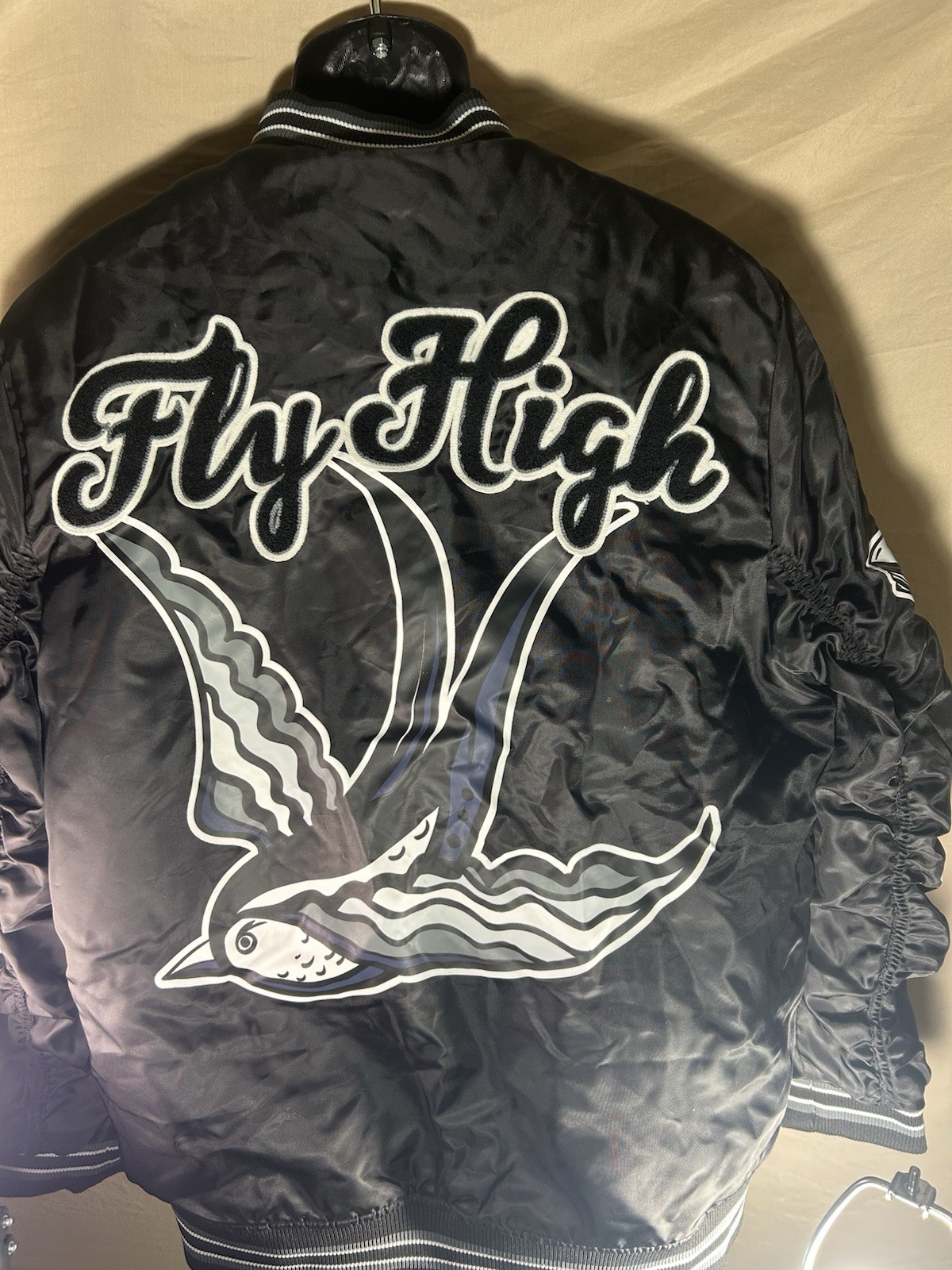 Rebel Minds Fly High Bomber Jacket Mens XL Black Satin Varsity Streetwear