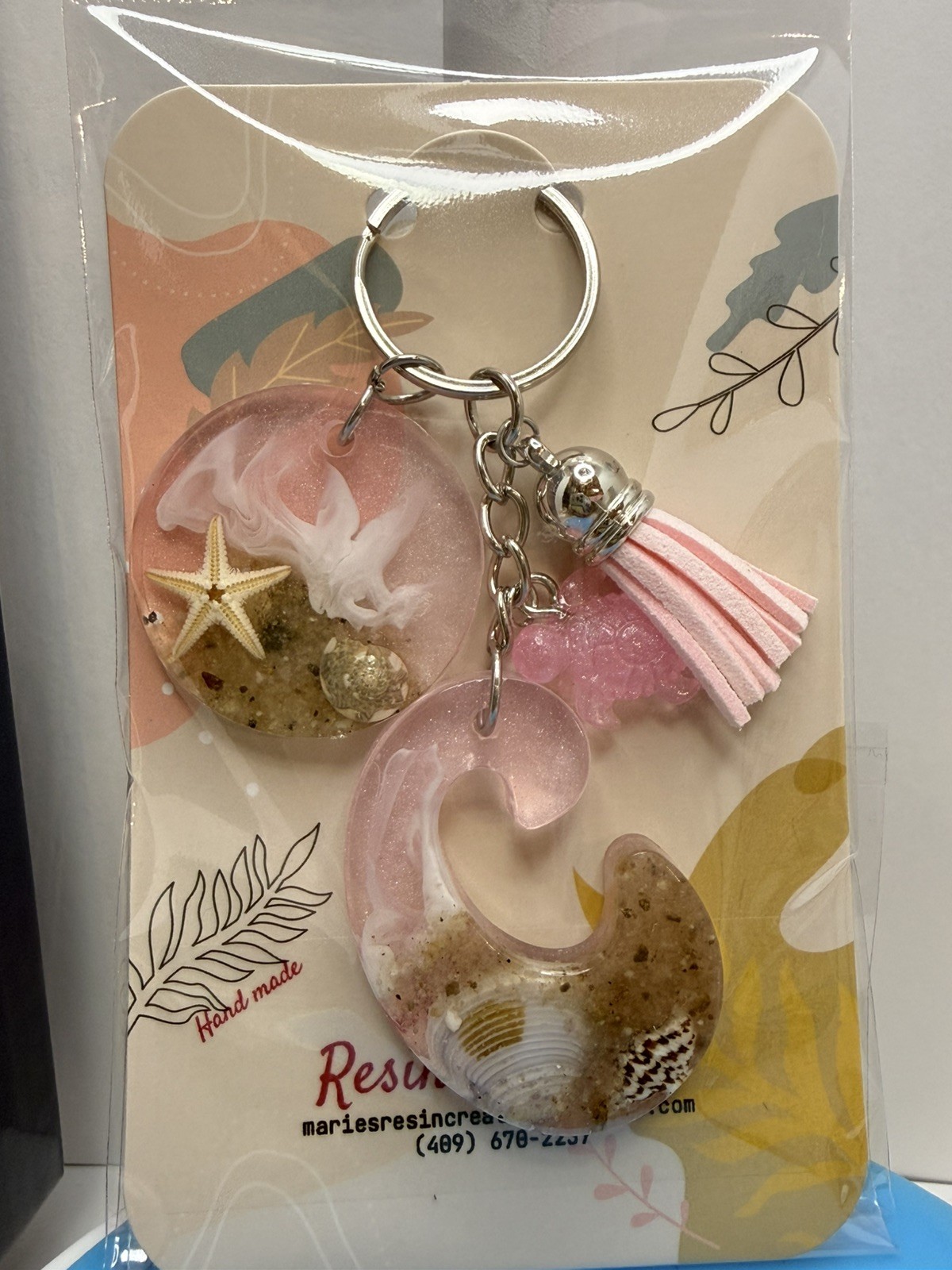 Custom made keychain Beach Theme Baby Pink Resin Keychain.