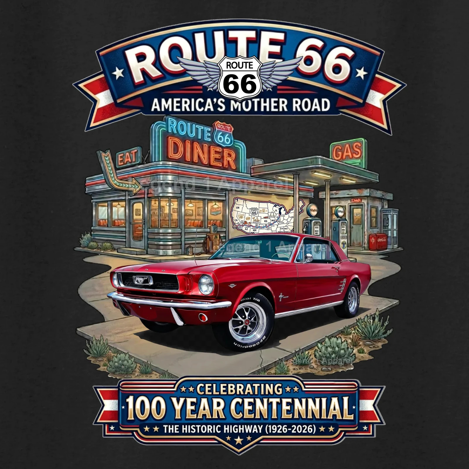 Route 66 100 Year Centennial, 1966 Mustang Hardtop Custom T-Shirt