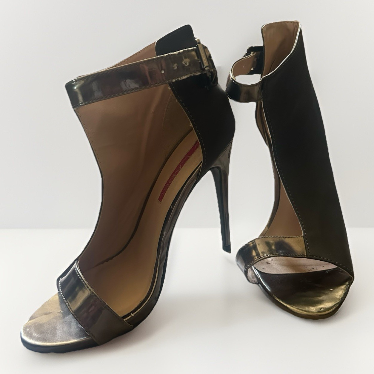 LABEL Women’s Size 7 Silver & Charcoal Open Toe Stiletto Ankle Strap Heels