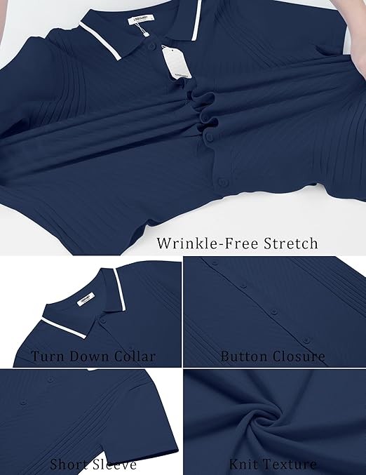 Men’s Knit Short Sleeve Shirts Button Down Vintage Knitted Polo Shirt