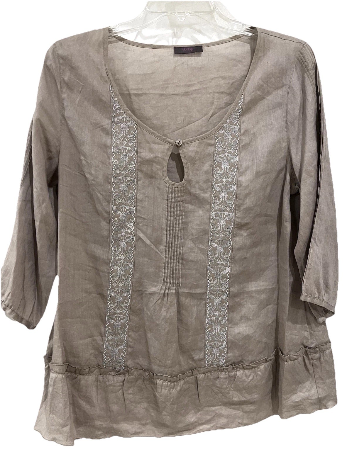 NWT Wrap Women’s Boho Peasant Blouse 100% Ramie Taupe Metallic Embroidery UK 12