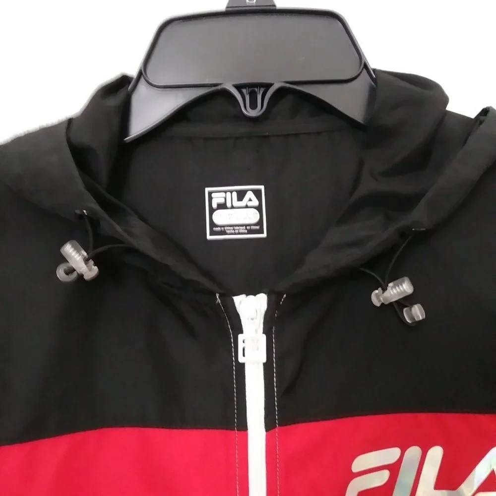 FILA Selma Windbreaker Hoodie Jacket Black White Red Zippered Women’s Size Small