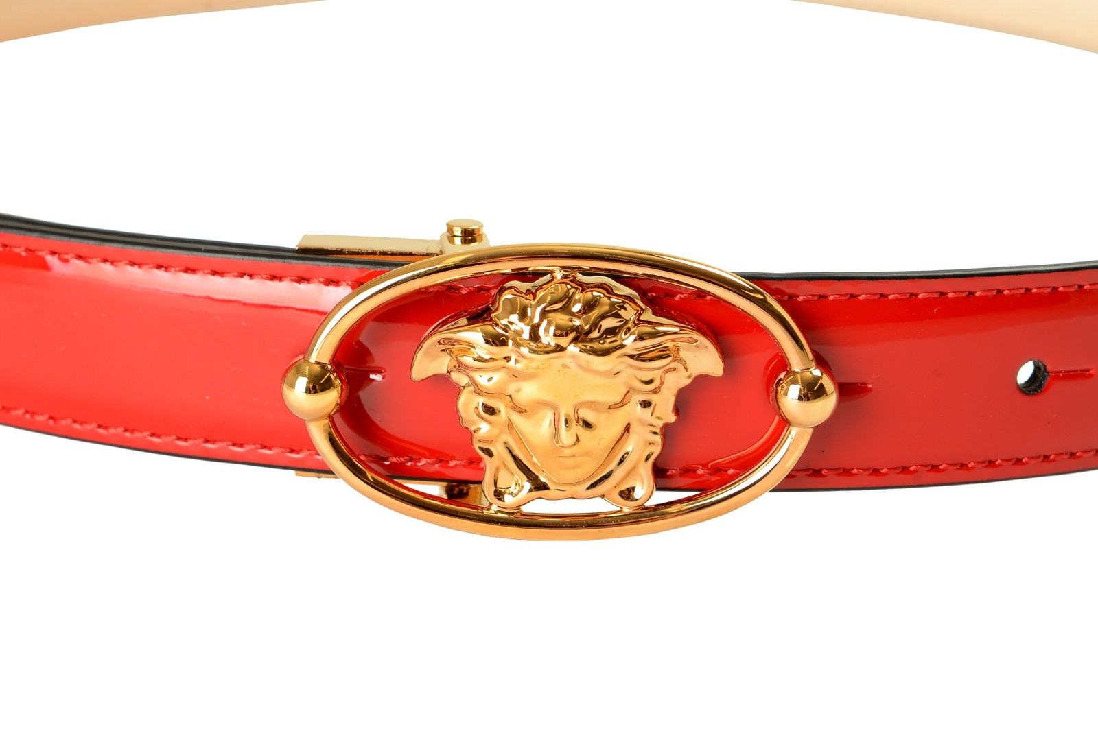 Versace Red 100% Patent Leather Gold Medusa Head Decorated Belt US 36 IT 90