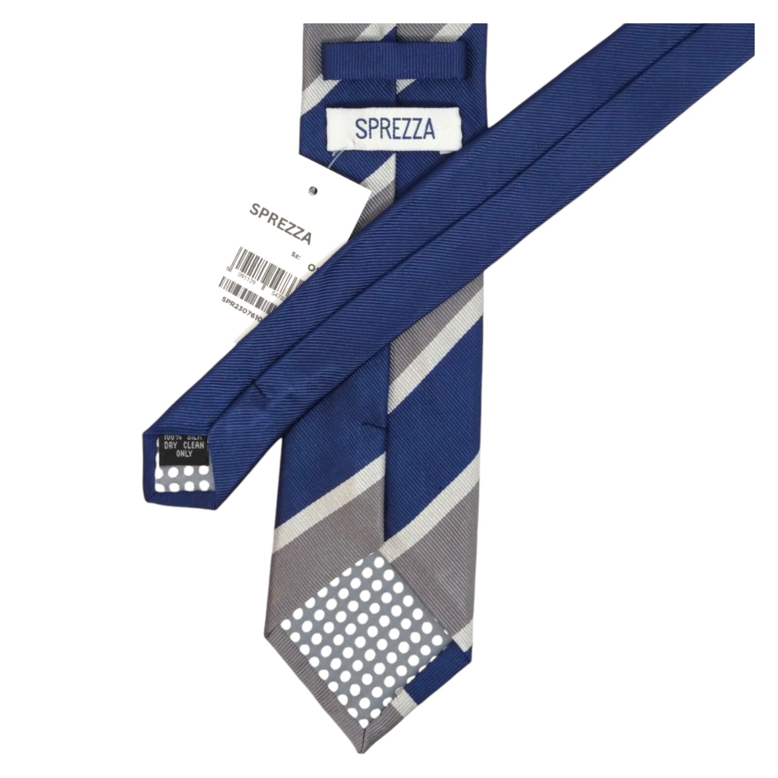 SPREZZA Mens Silk Tie Blue Gray White Bar Stripe 2.75 Designer Dress Necktie