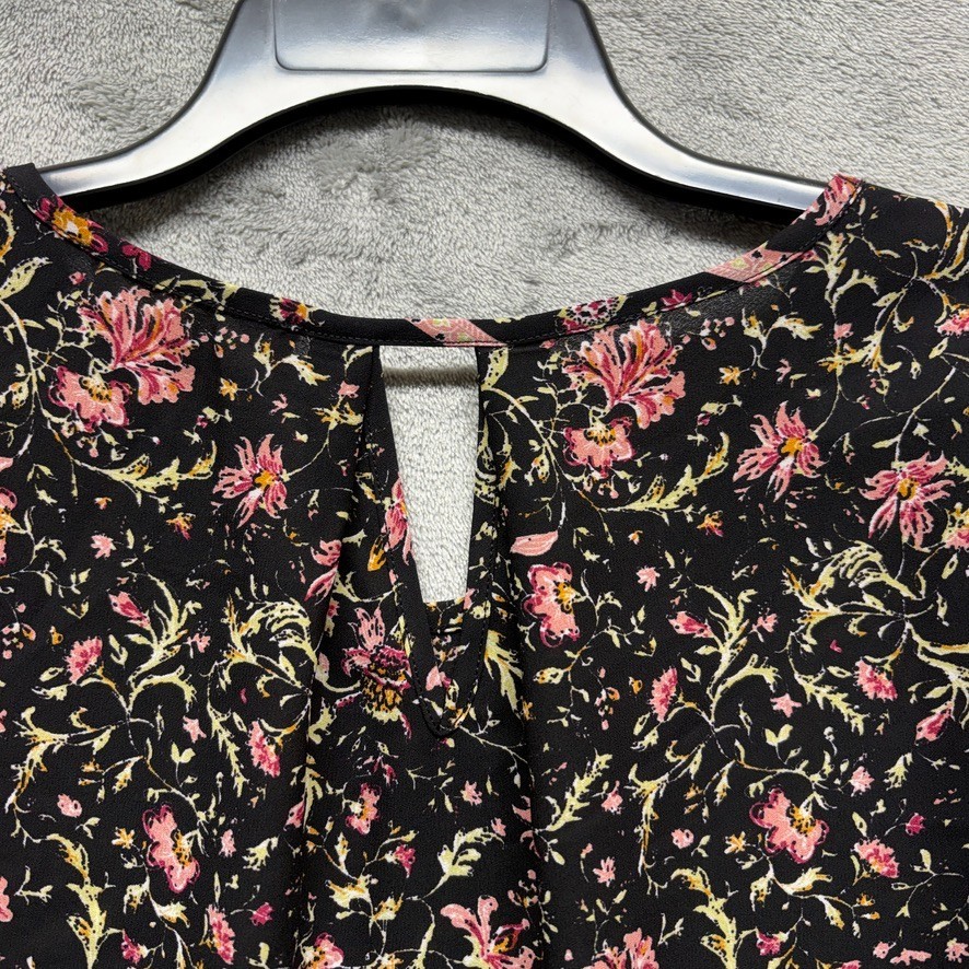 Pink Rose Top Womens Medium Black Floral Cap Sleeve Pullover Bohemian