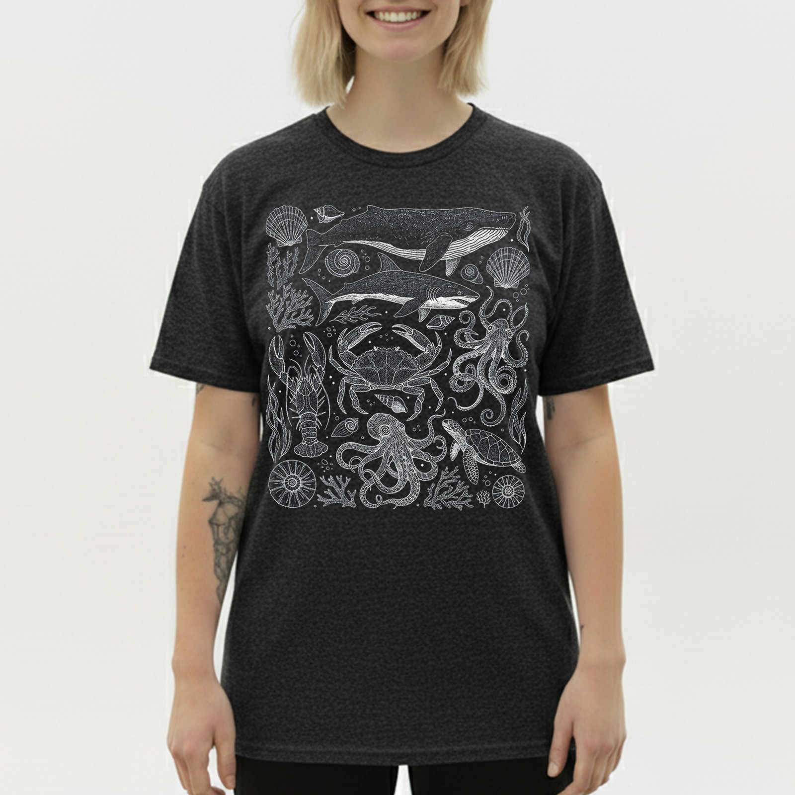 Marine Life Whale Crab Octopus Nautical Retro Engraving Vintage Gift Tee