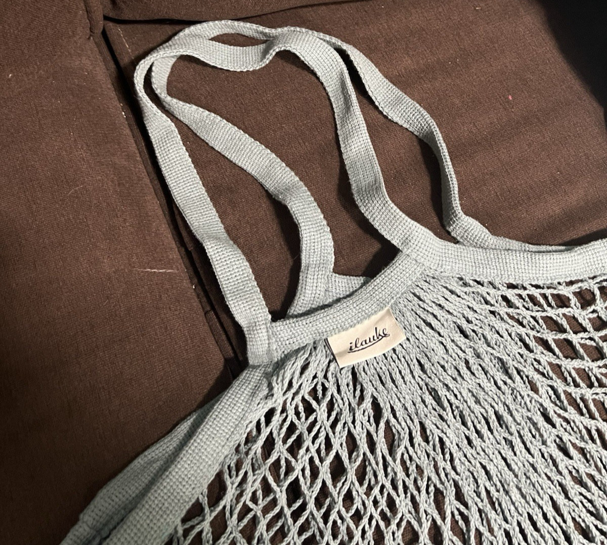 Ilauke Reusable Cotton Knit Mesh Net Tote Bag in Teal color, Lightweight beach.