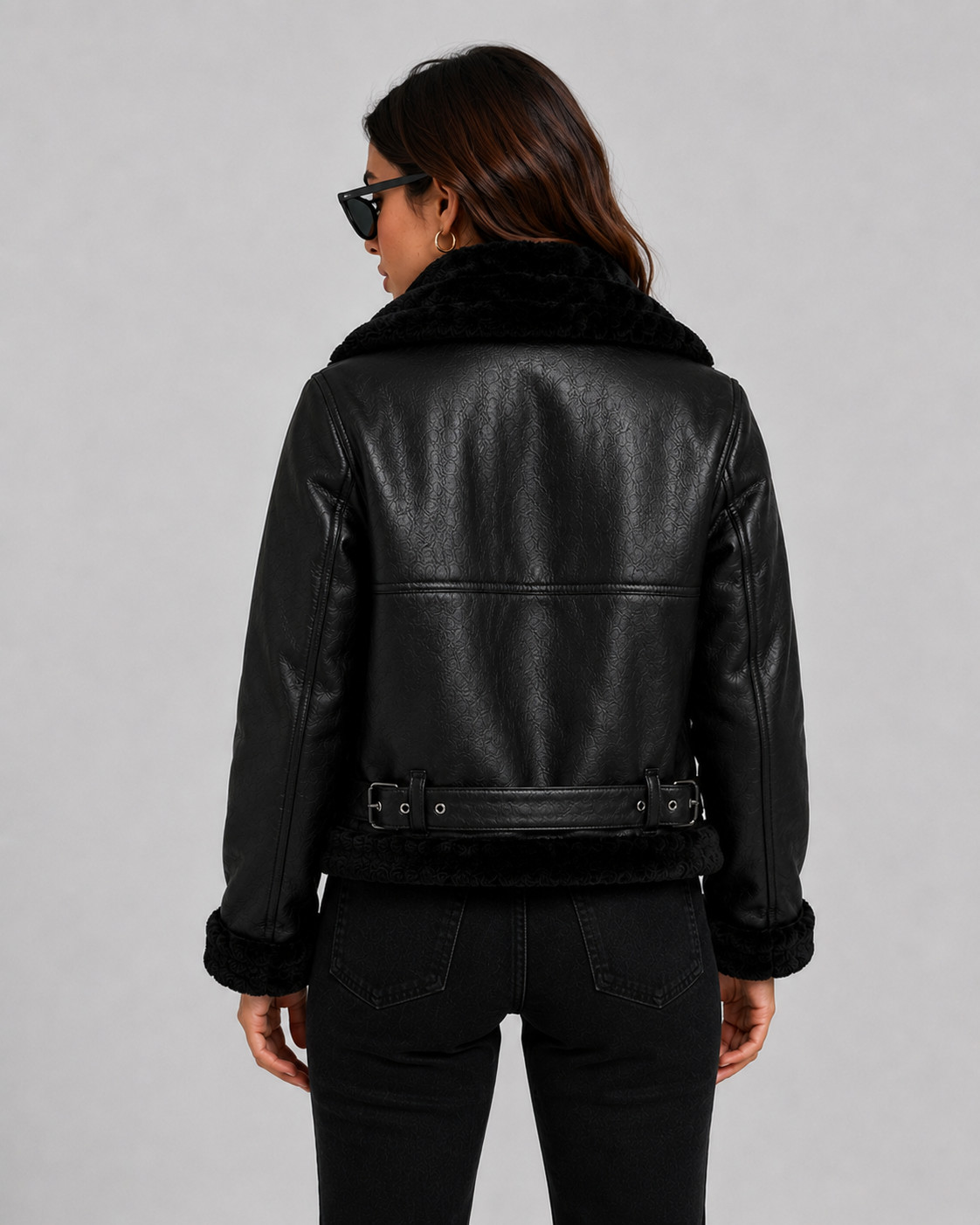 Women’s Black Faux Shearling Leather Jacket – Aviator Biker Winter Coat