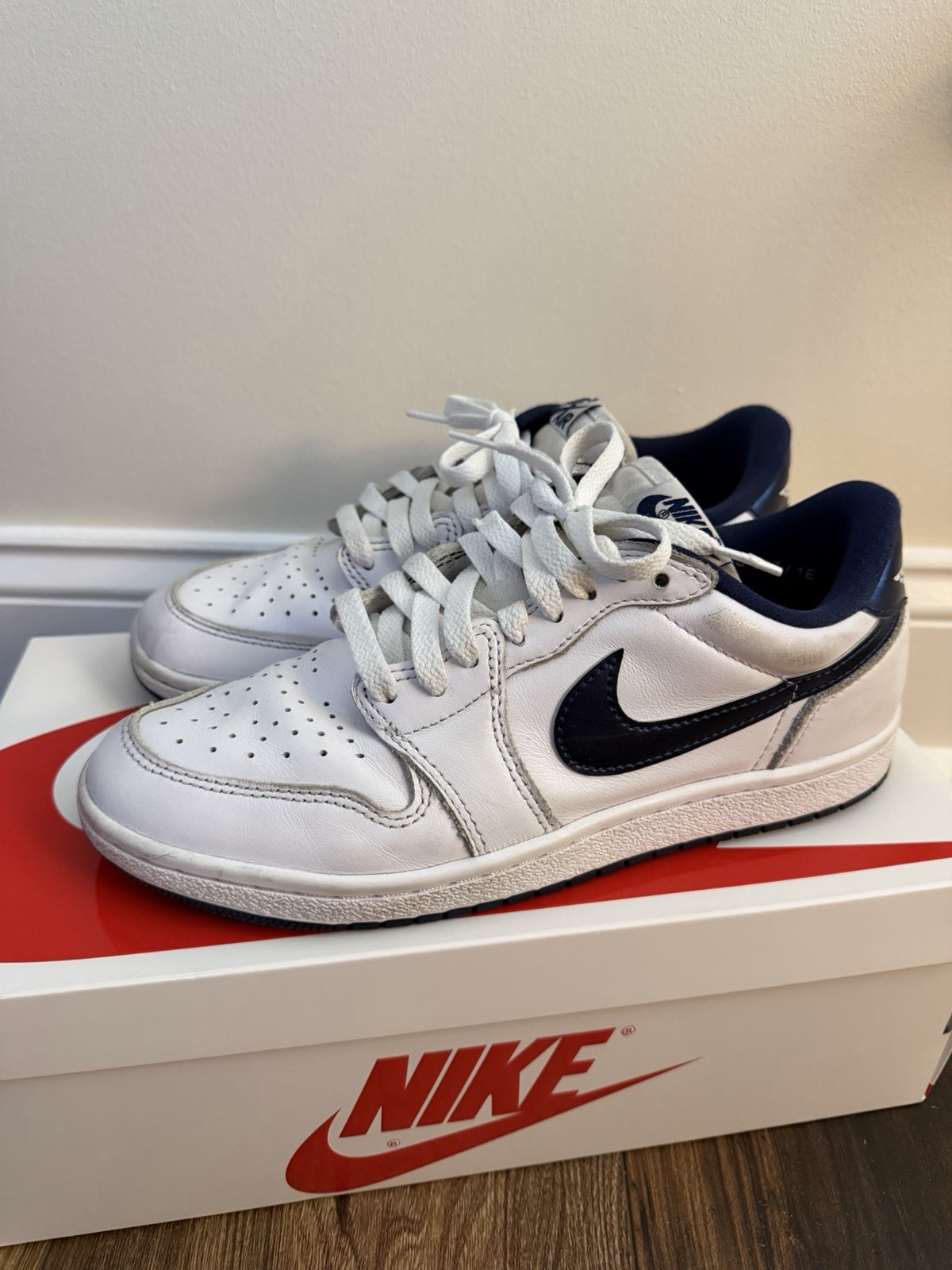 NIKE AIR JORDAN 1 LOW 85 OG METALLIC BLUE WHITE/NAVY SIZE MEN’S 8 Used With Box
