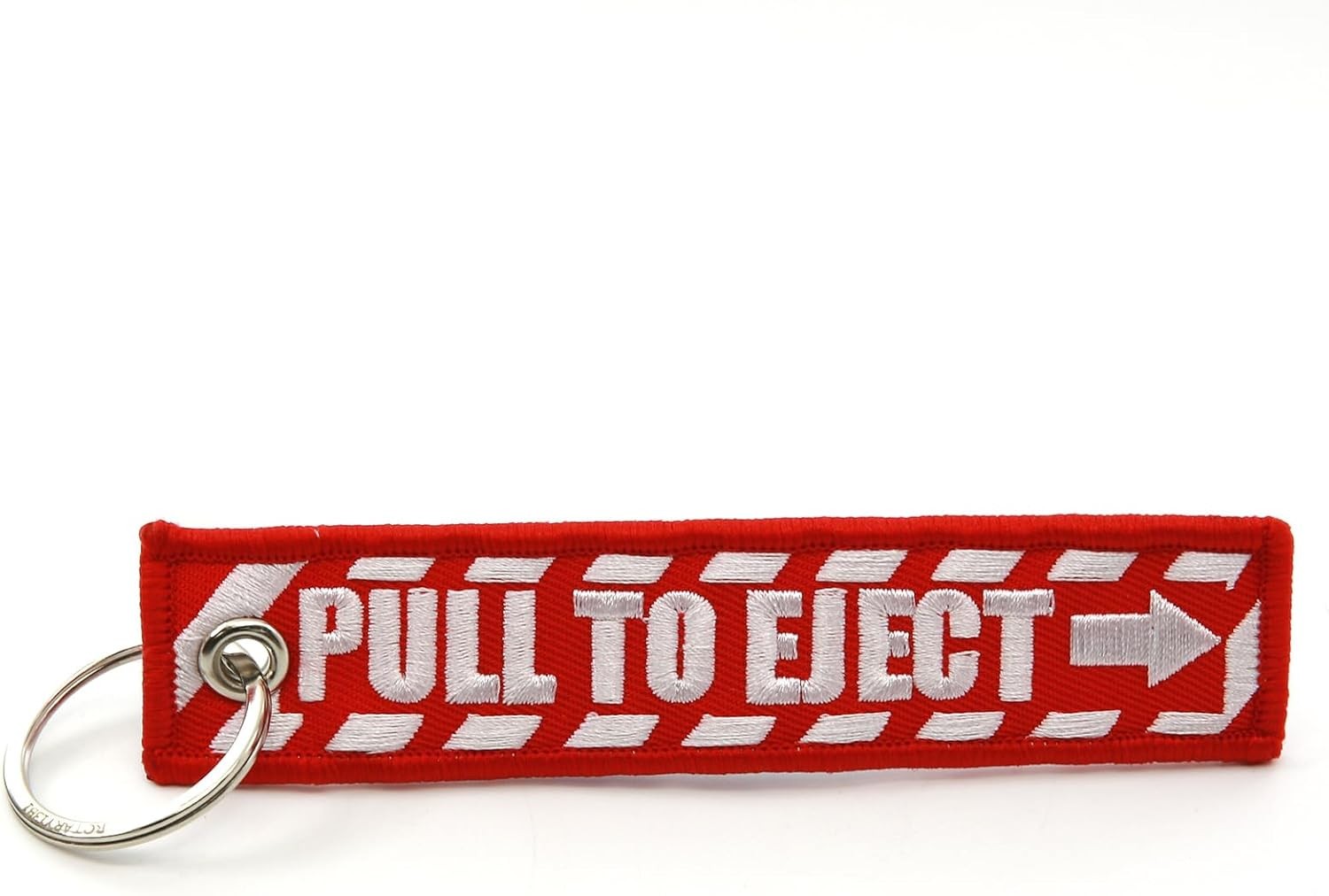 PULL TO EJECT Key Chain – Red with White embroidered letters – Quantity = 1