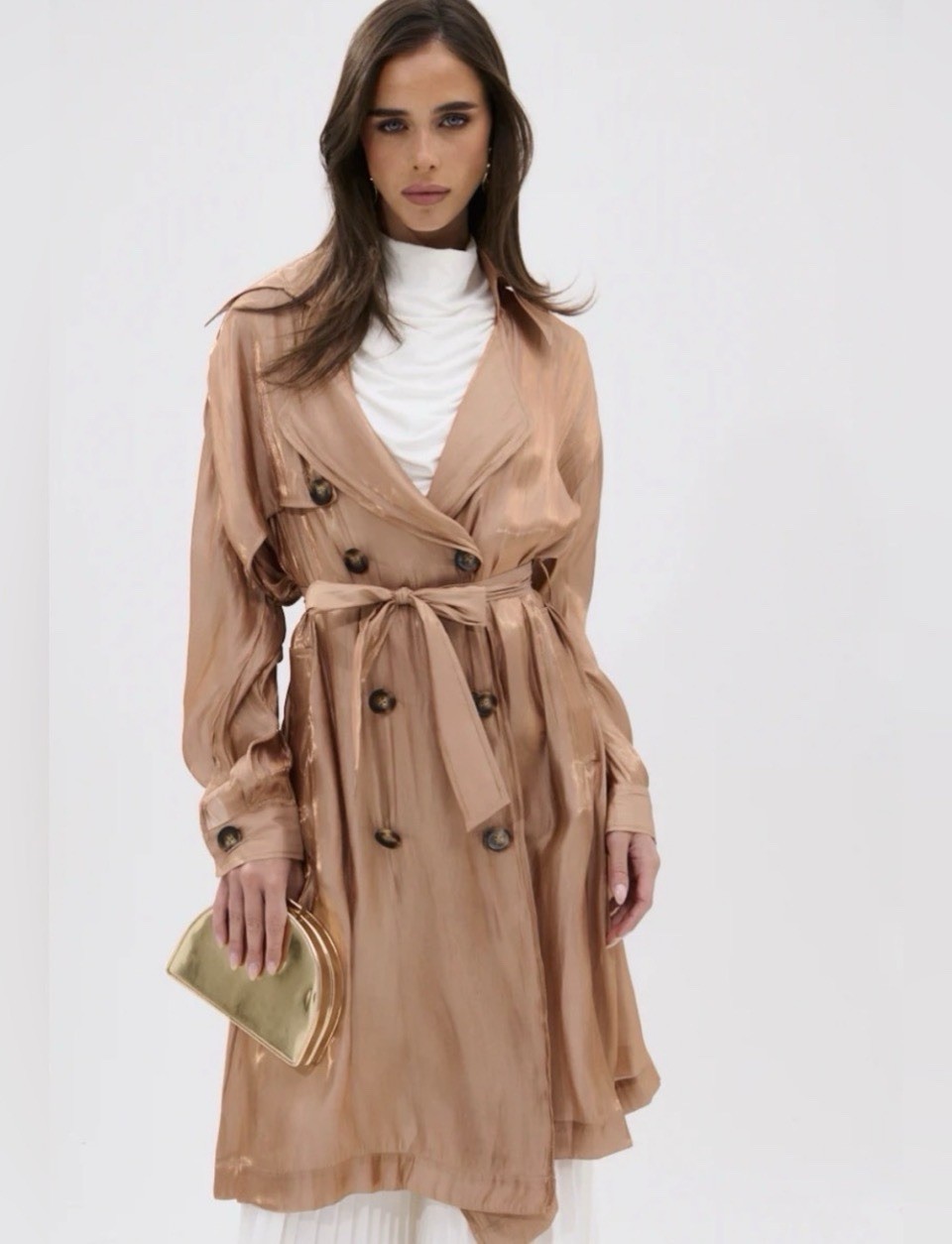 AKIRA Metallic Rose Gold Double-Breasted Trench Coat