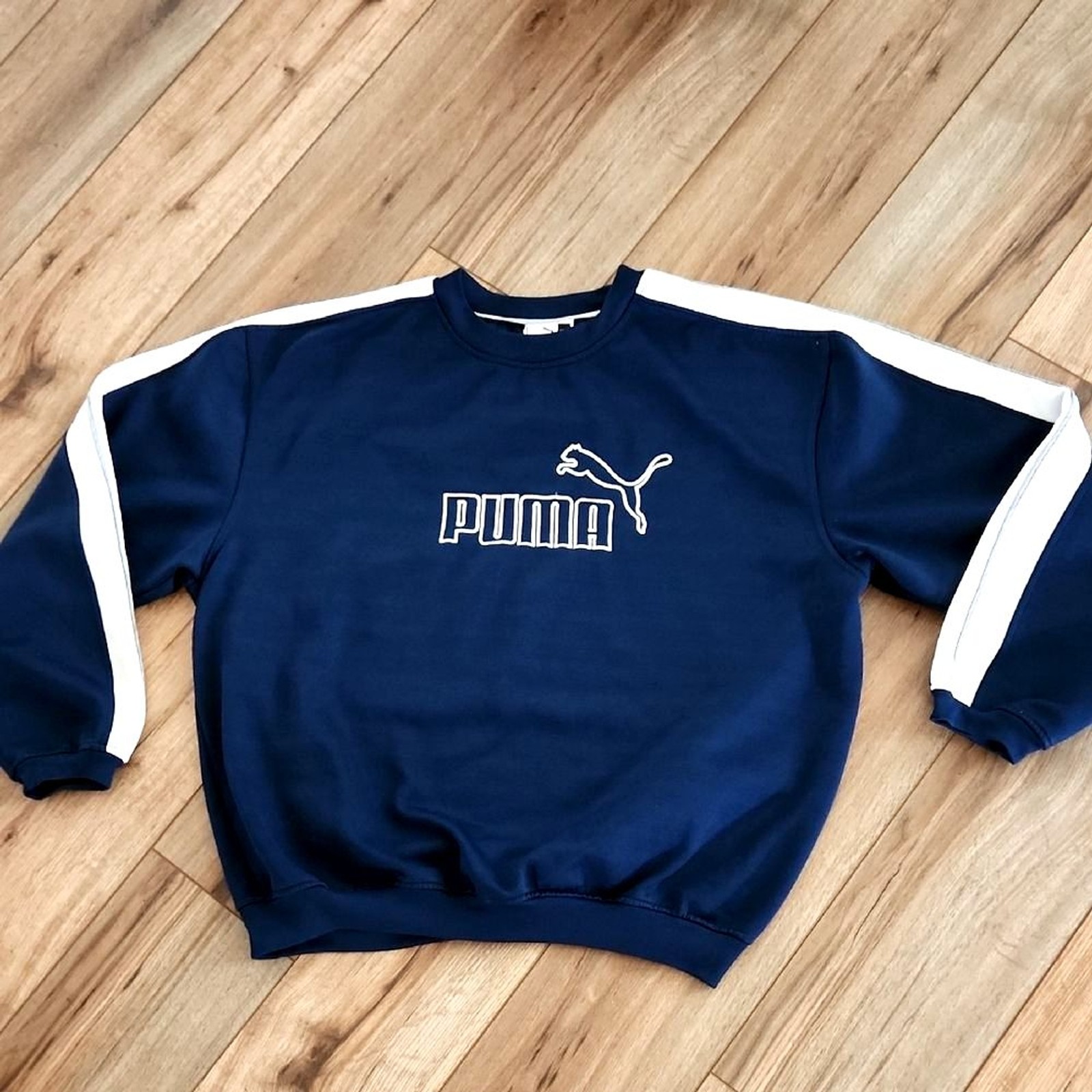 Puma Men’s Blue Sweatshirt White Stripes Embroidered Stitching Logo Size XXL