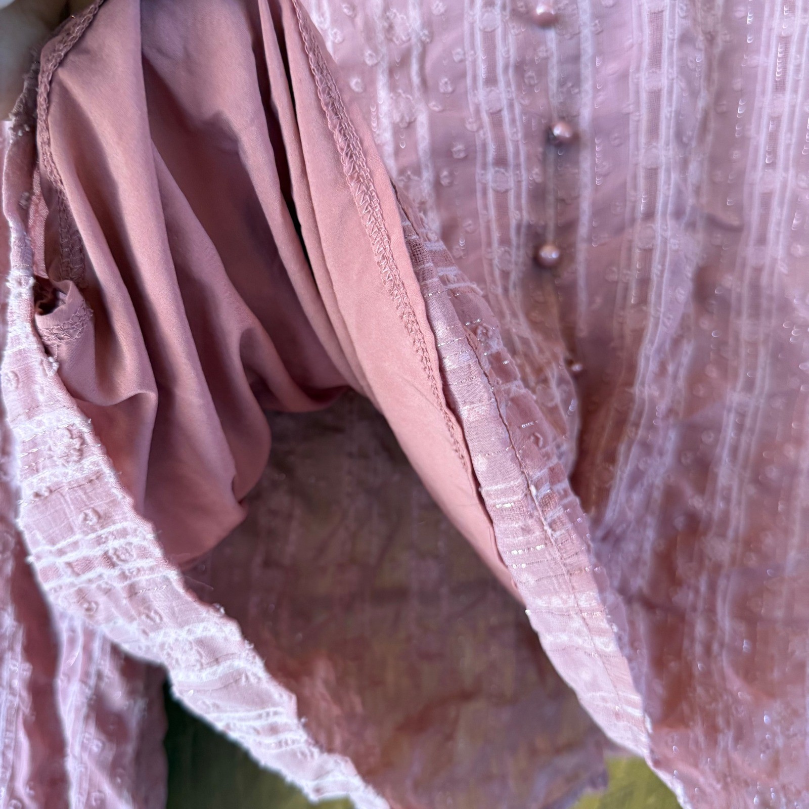 Womens Pink Swiss Dot Ruffle Neck Blouse Metallic Stripe Long Sleeve Top