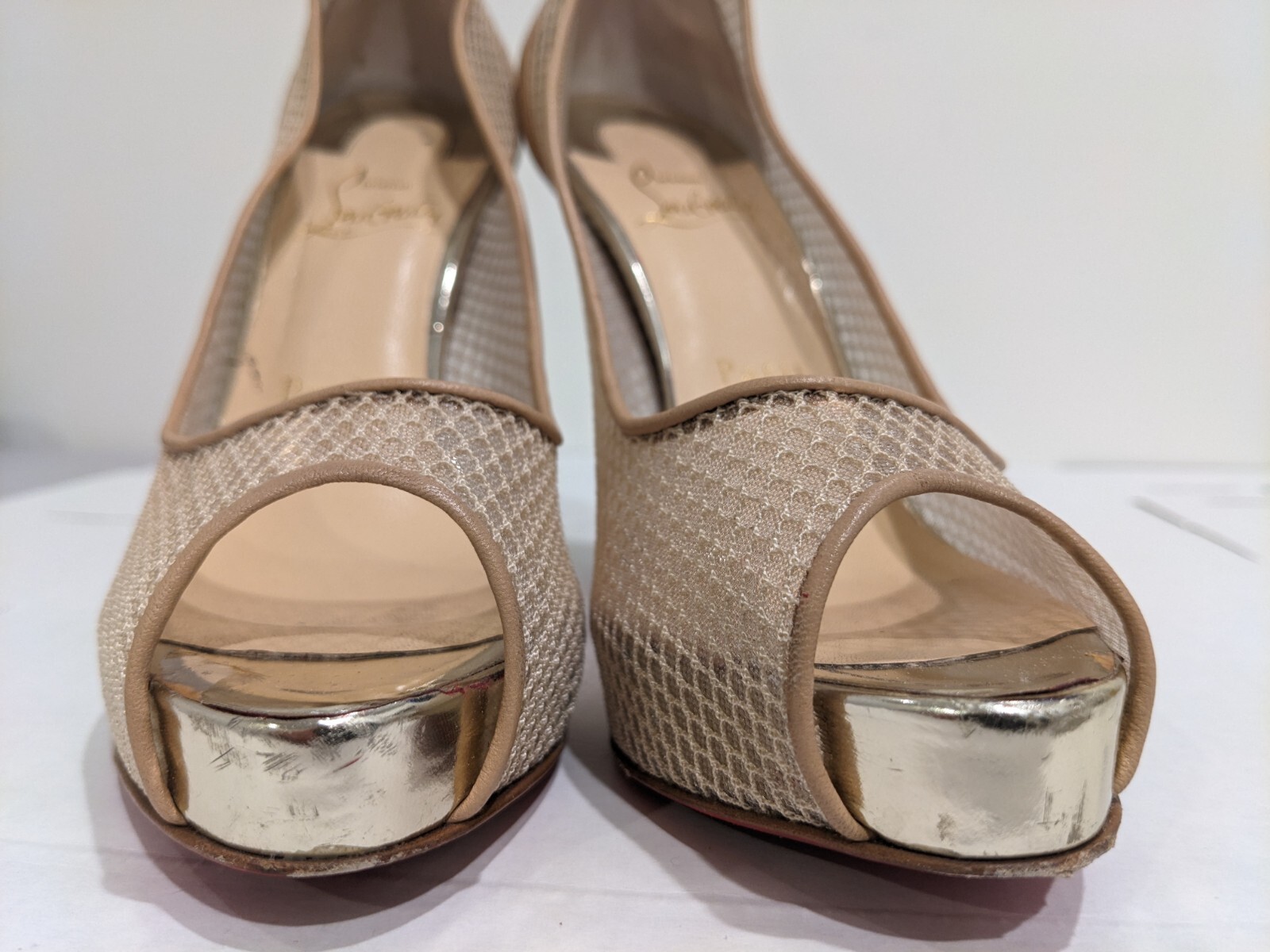 Christian Louboutin 37.5 Nude Very Rete 115mm Red Sole Mesh Fishnet Pumps