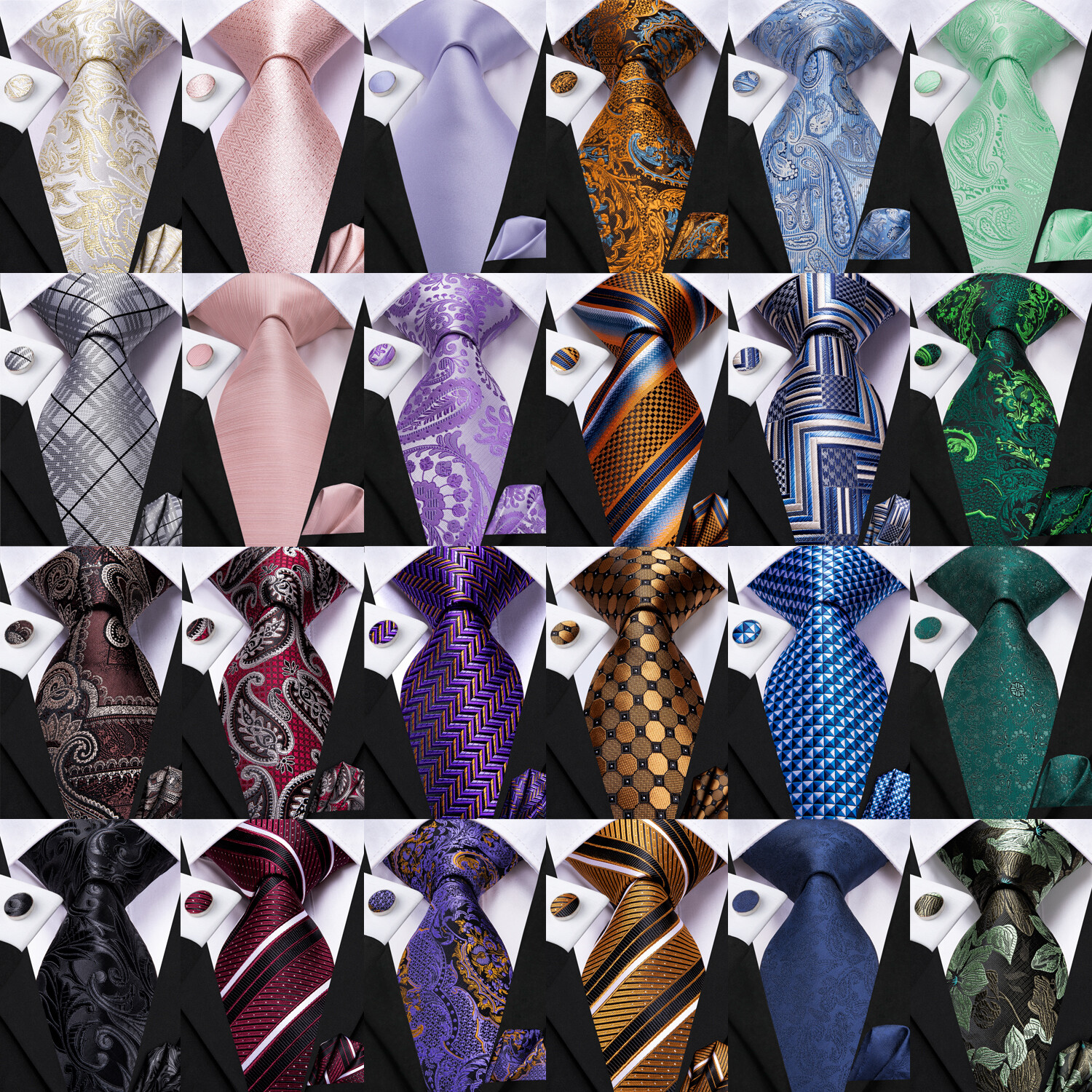 Mens Tie Striped Solid Paisley Necktie Hanky Cufflink Set Wedding Prom