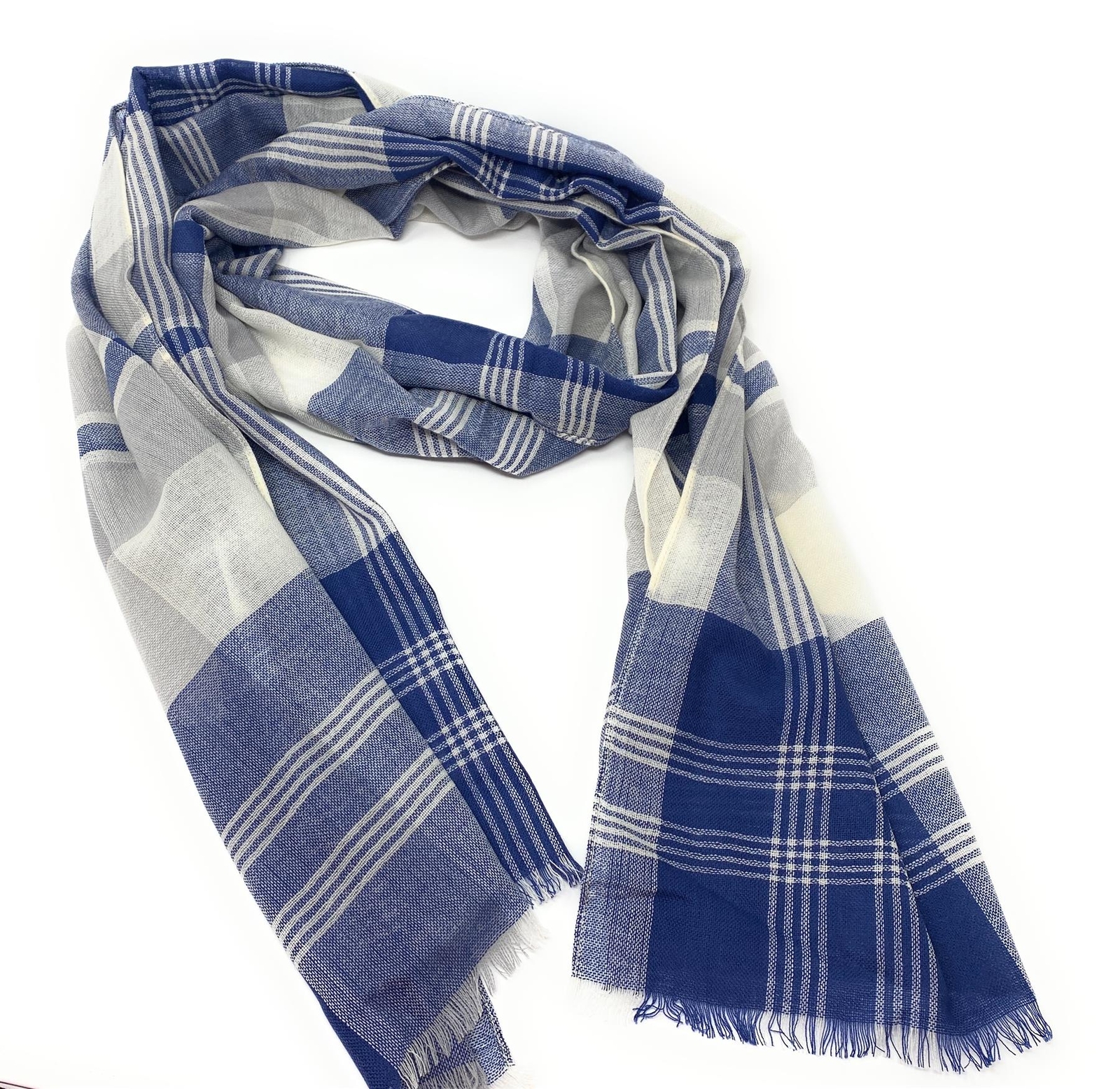 90% Wool 10% Cashmere Lightweight Oversized Scarf – Blue & White Check – V2