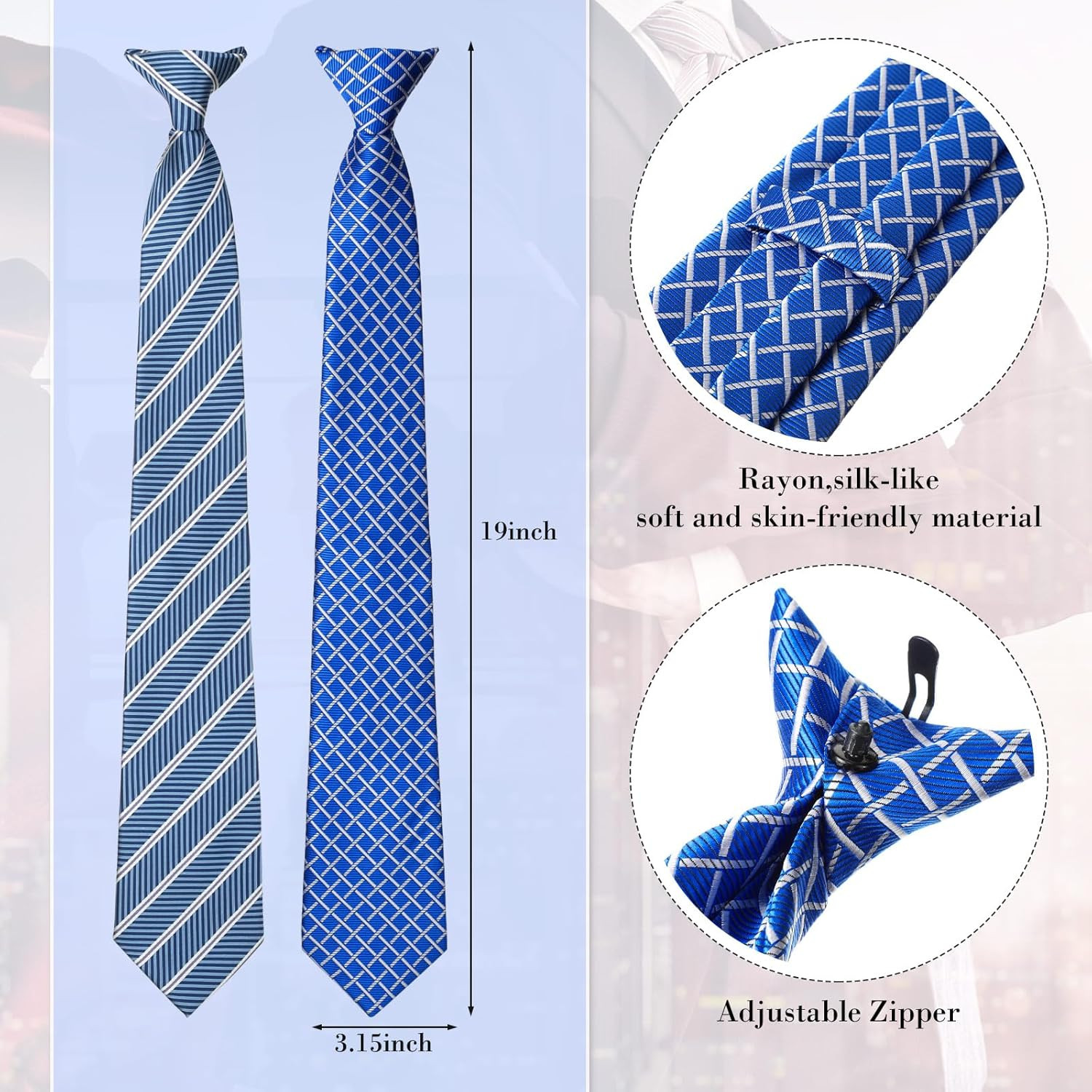 6 Pcs Clip-On Ties for Men, Striped Solid Plaid Dots, 20 Inch
