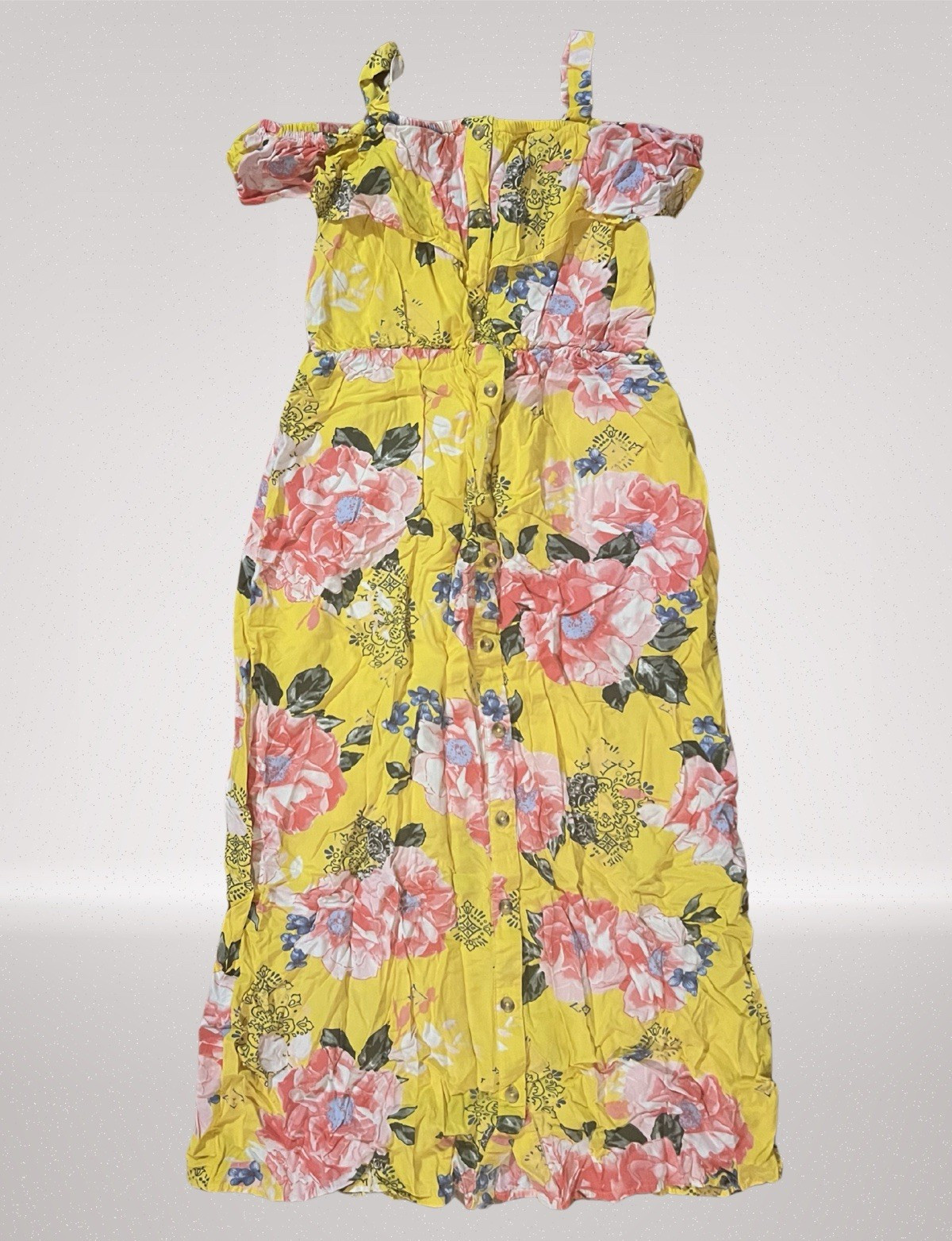 Justice Girls Yellow Floral Maxi Dress Size 12 Cold Shoulder Button Front