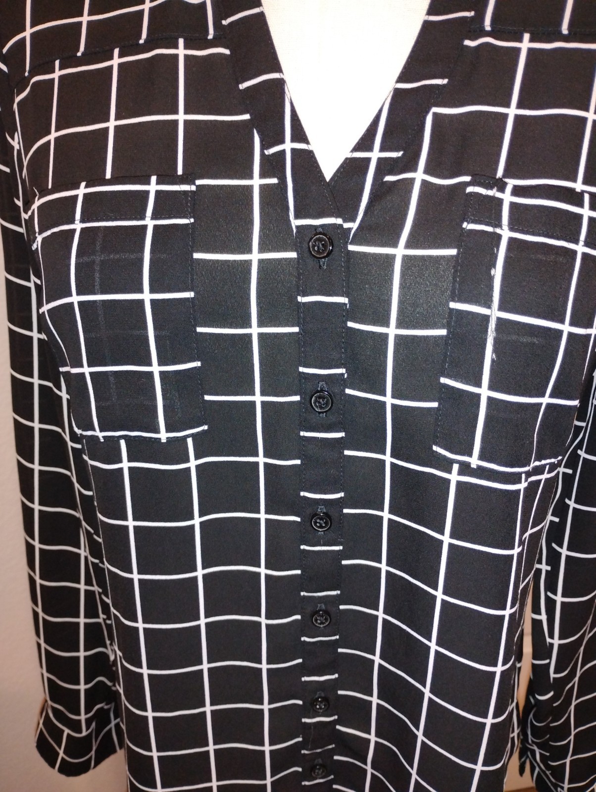 Express Portofino Women’s S Black White Check Long Sleeve Collared Button-Down