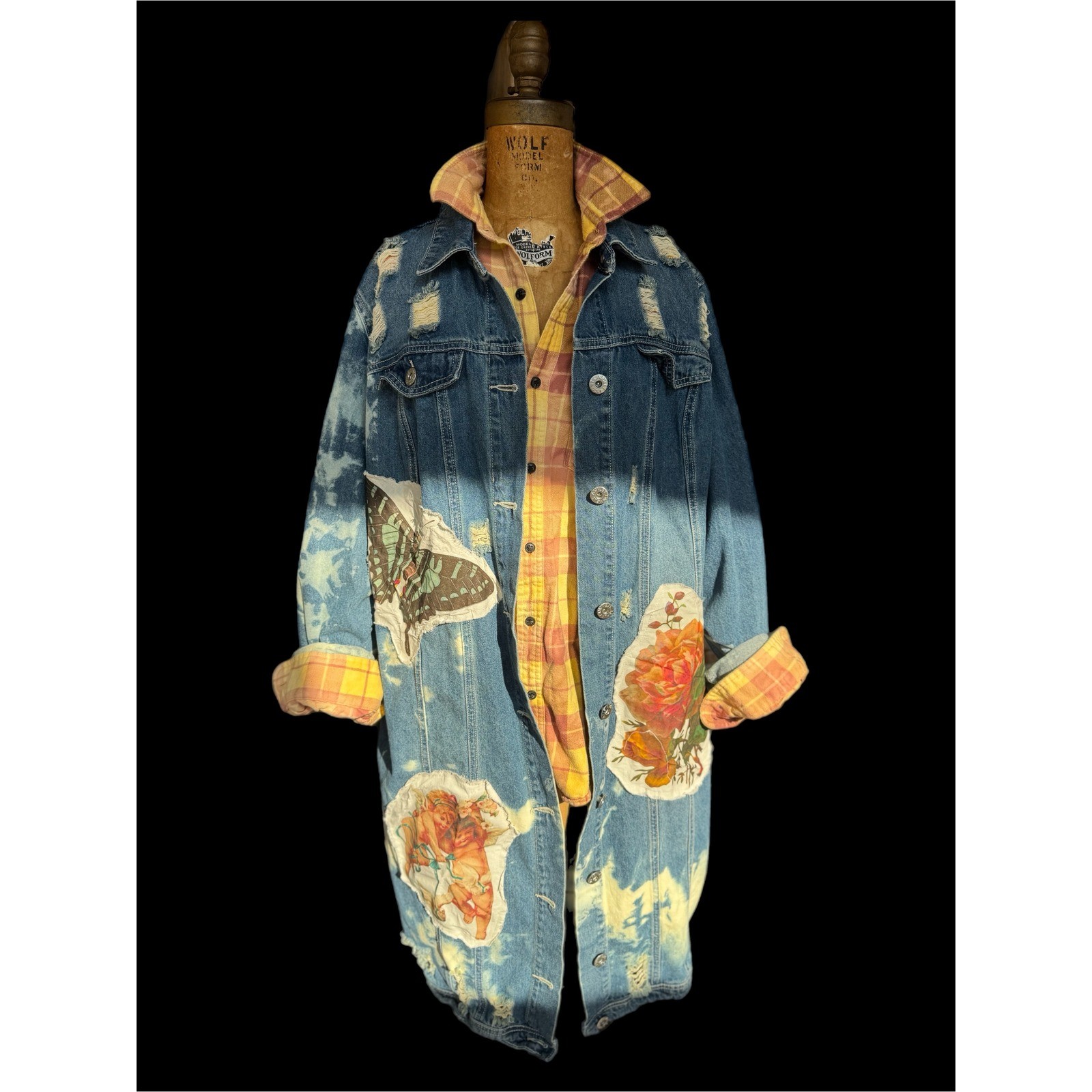 Upcycled Denim Coat Cherub Rose Patch Long Jacket Boho Folk Art XL/XXL