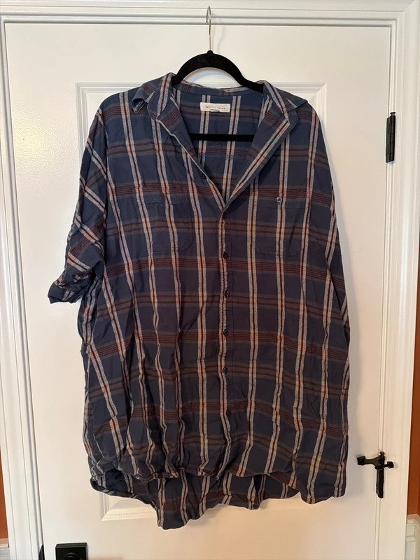 Women’s basin + range cotton blue green and red plaid 3/4 sleeve oversized dress