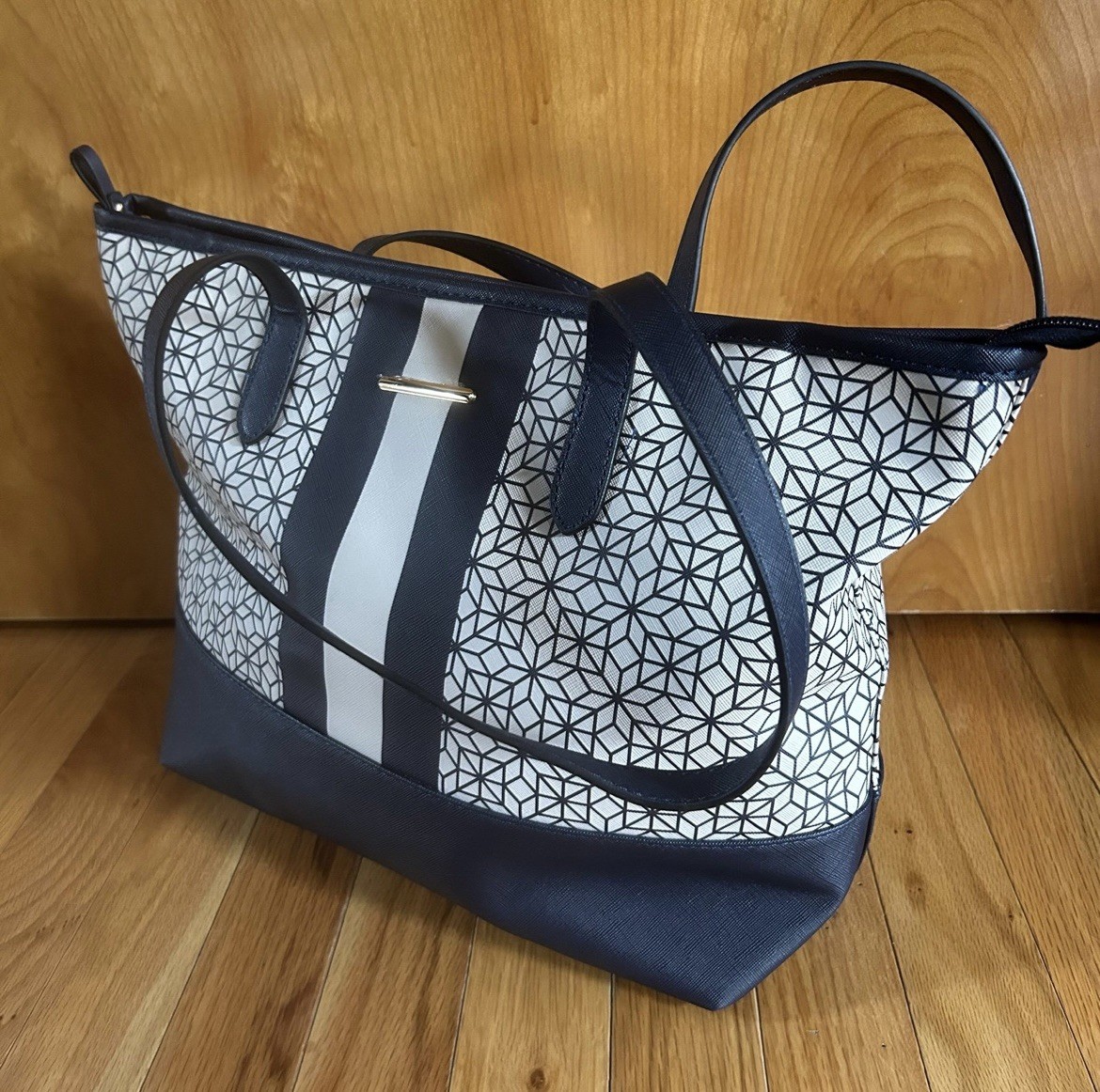 OSFM Tote beach bag blue & cream Geometric Pattern, purse Bag 17x10x5.5