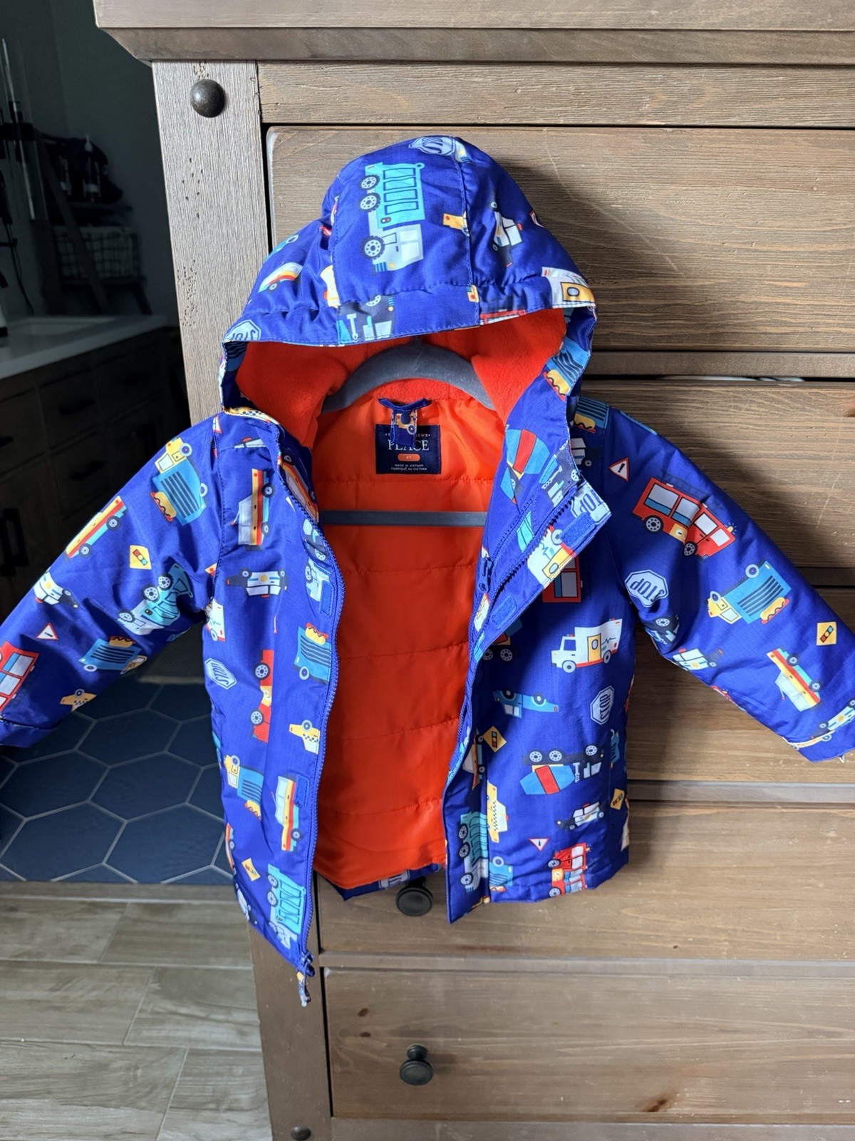 The Children’s Place 3-in-1 Hooded Zip Jacket Fleece Vehicles Blue/Orange 4T
