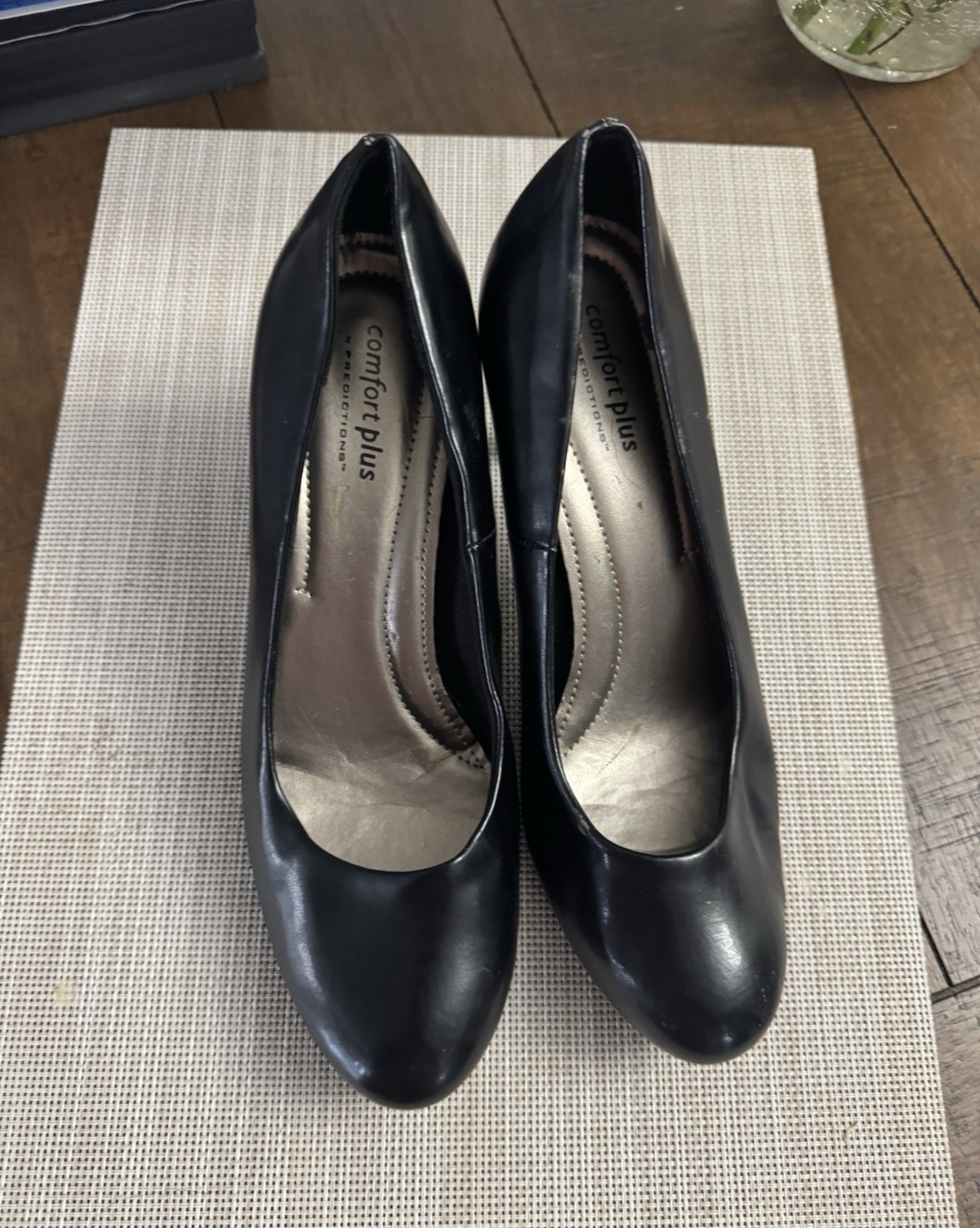 Comfort Plus Women’s Black Faux Leather Round Toe Slip-On Block Heel Pumps 8