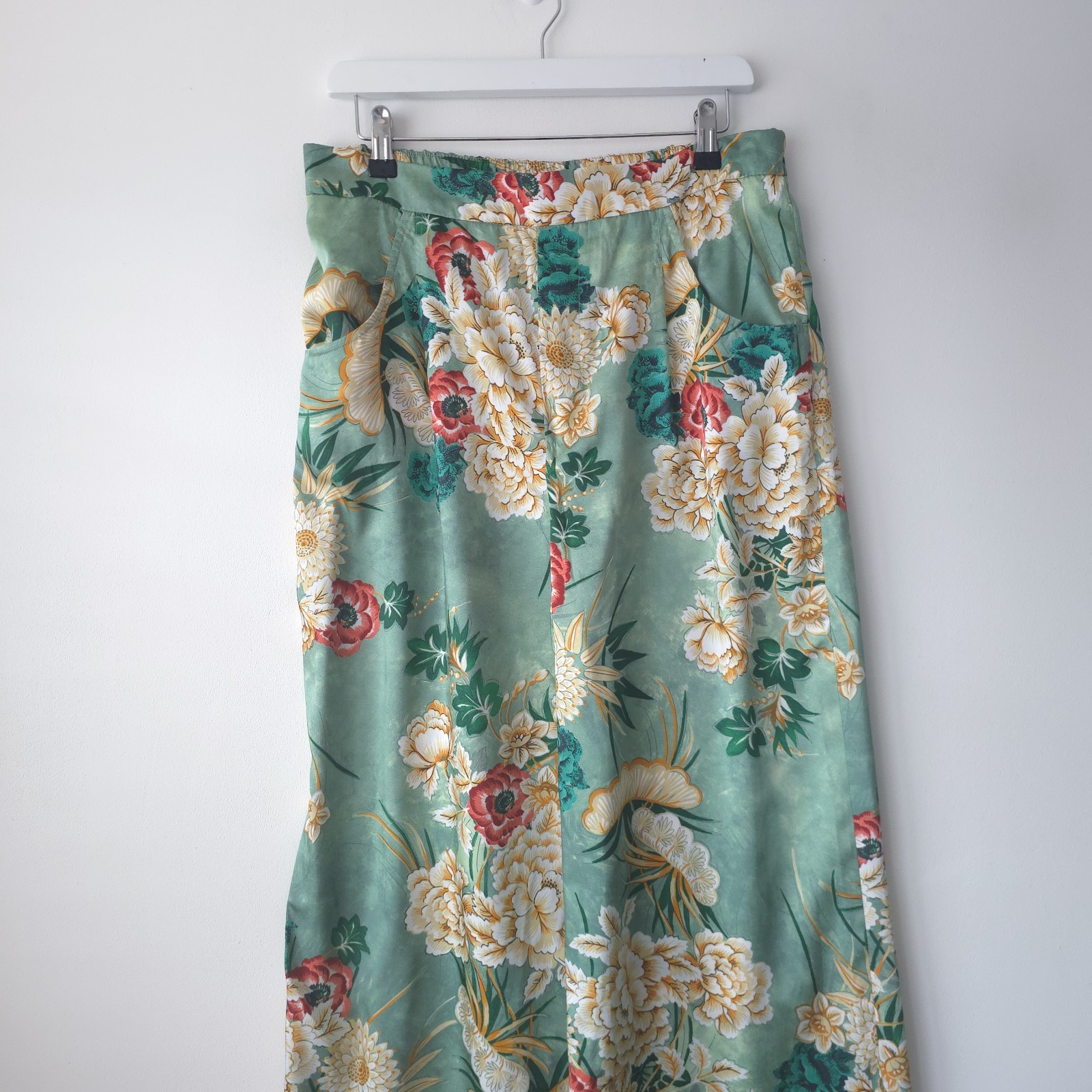 Zara Oriental Satin Green Wide Leg Elastic Waist Trousers L 10