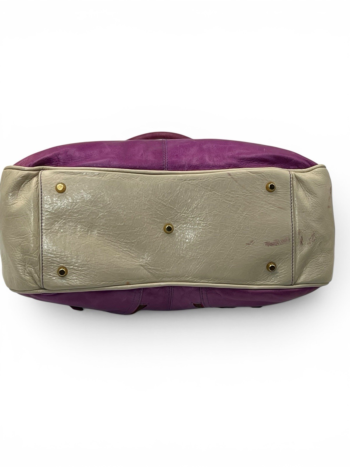 Vintage Roberta Gandolfi Italian Leather Bowler Bag Purple Beige Y2K Purse Tote