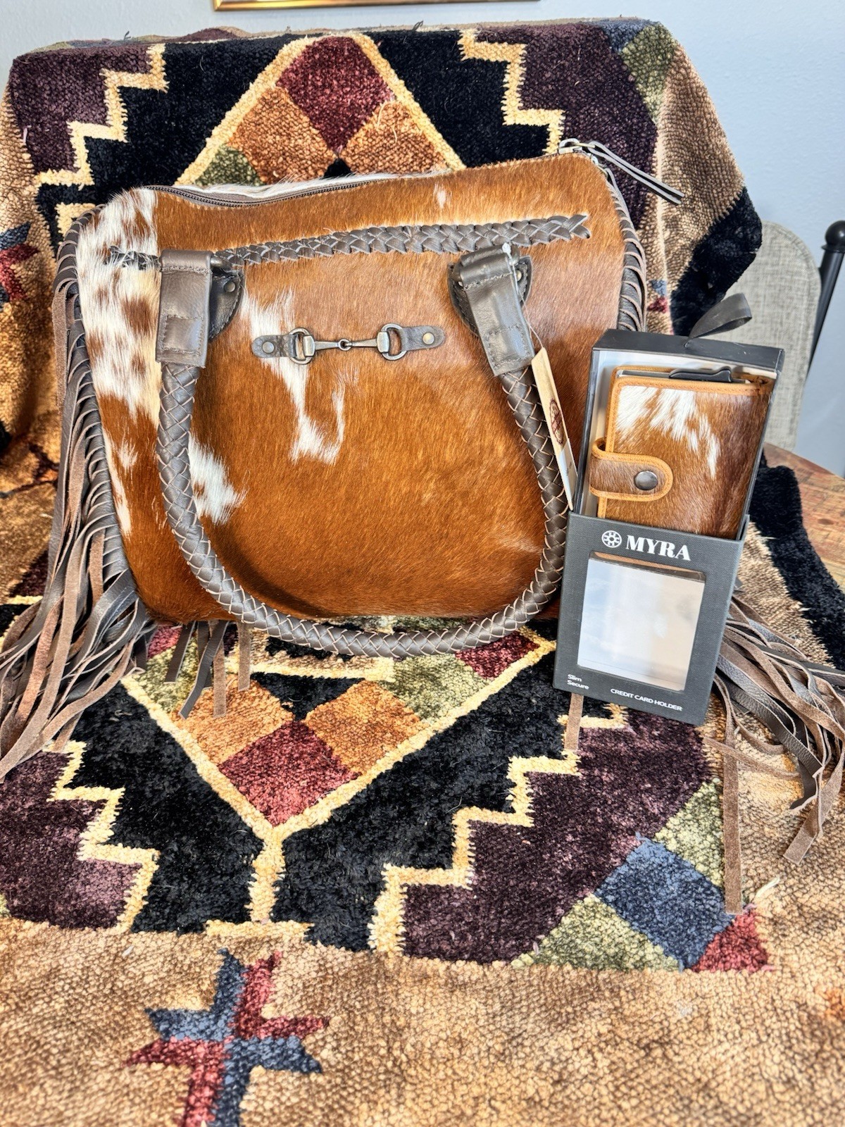 Western Brown/White Cowhide Fringe Zip Top crossbodyBag + Myra wallet